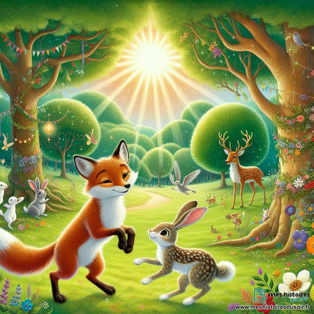 Illustration d'une clairière ensoleillée dans le bois de la Renardière, entourée d'arbres majestueux aux feuilles vertes éclatantes et parsemée de fleurs colorées dansant au gré du vent. Au centre, un jeune renard de 11 ans avec une fourrure rousse brillante et des yeux pétillants s'essaie à danser, ses petites pattes agitant joyeusement l'herbe douce. À ses côtés, une jeune lapine de 10 ans aux oreilles tachetées et aux yeux vifs sourit en dansant, ses poils blancs et bruns se mêlant harmonieusement. En arrière-plan, un grand cerf aux bois majestueux observe la scène, ajoutant une touche de sagesse. Des guirlandes de fleurs et des lanternes colorées sont accrochées aux arbres, créant une ambiance chaleureuse. L'ensemble évoque une célébration joyeuse de la diversité et de l'amitié dans la forêt, où chaque créature est unique et précieuse.