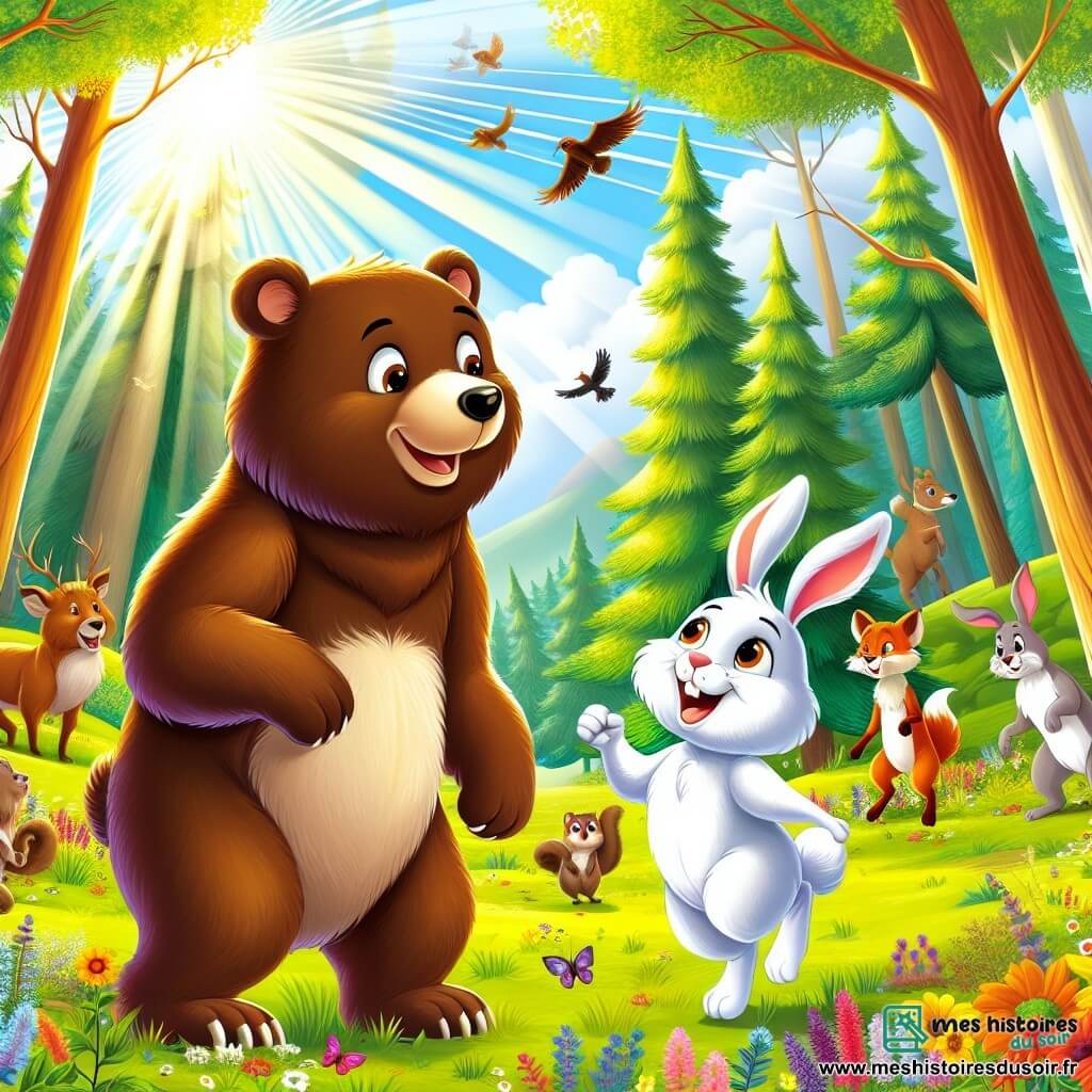Illustration d'une clairière ensoleillée, entourée de grands arbres aux feuilles vertes éclatantes et de fleurs colorées dansant au vent. Au centre, un jeune ours brun de 11 ans, au pelage doux et aux yeux curieux, se tient debout sur ses pattes arrière, souriant. À ses côtés, un petit lapin blanc de 11 ans avec une tache noire sur l'oreille droite saute joyeusement, ses grandes oreilles dressées. En arrière-plan, un groupe d'animaux, dont un écureuil vif et un vieux sanglier brun, les observe avec bienveillance. La scène montre les deux amis partageant un moment de joie, entourés de camarades, illustrant l'importance de l'amitié et de la tolérance dans un environnement naturel vibrant. Des rayons de soleil filtrent à travers les branches, créant une atmosphère chaleureuse, tandis que des oiseaux colorés volent dans le ciel bleu.