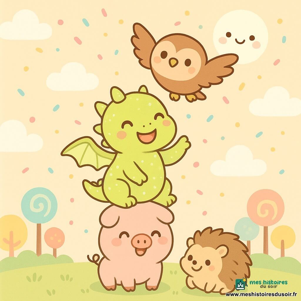 Un petit dragon vert citron, Friselis, avec des écailles scintillantes comme des bonbons, sourit joyeusement au sommet d'une pyramide d'animaux. La chouette Mélodie, avec ses plumes douces et ses grands yeux curieux, vole au-dessus de Friselis, battant des ailes avec enthousiasme. Le cochonnet Pirouette, rose et rond, est en bas de la pyramide, riant aux éclats. Le hérisson Biscotte, avec ses piquants doux et un sourire malicieux, est à côté de Pirouette, regardant vers le haut. La scène se déroule dans la vallée des Nuages Sucrés, où les nuages blancs flottent doucement et les arbres colorés donnent des sucettes. La pyramide d'animaux danse sous une pluie de confettis de sucre, illuminée par la douce lumière de la Lune Brillante.