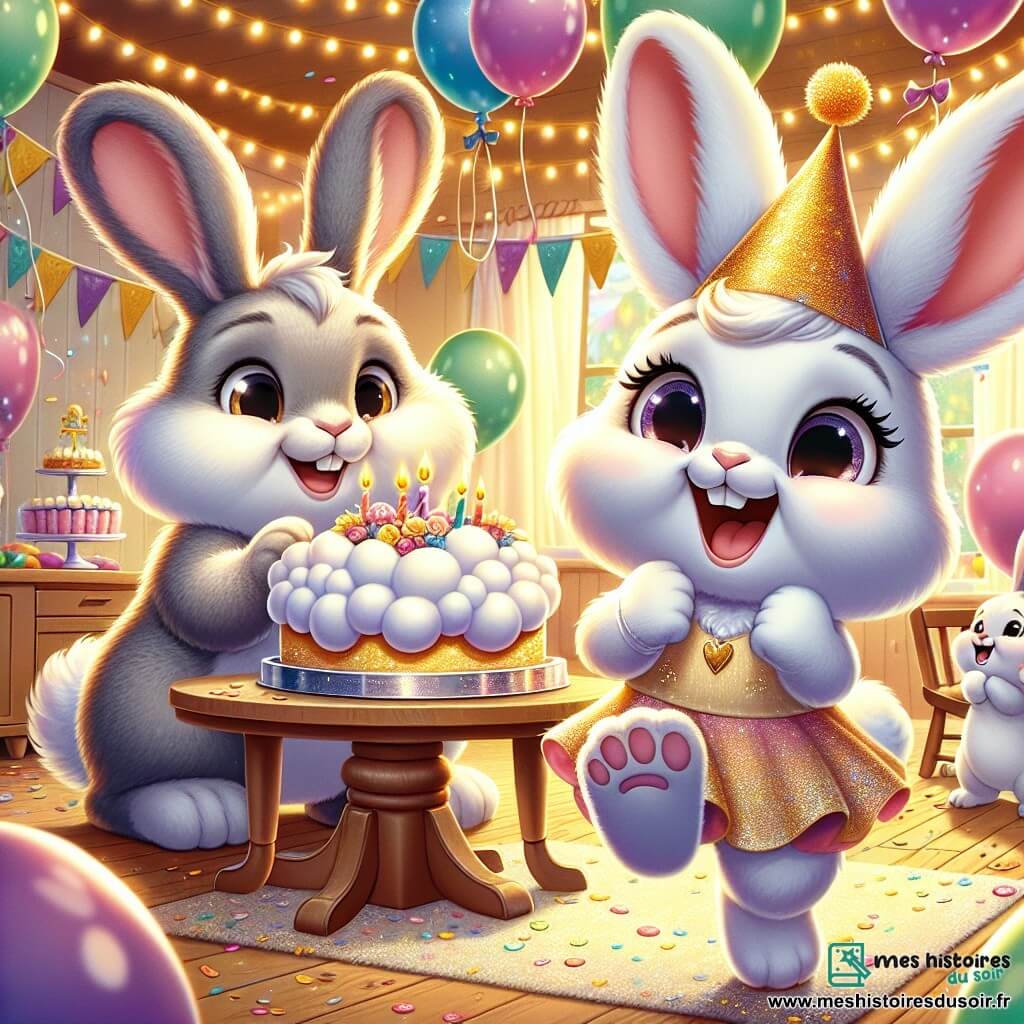 Louna, une petite lapine aux grandes oreilles et à la fourrure blanche, saute de joie avec un grand sourire. Elle porte un chapeau pointu décoré de paillettes dorées et tient des ballons colorés. À côté d'elle, sa maman, une lapine au pelage brun clair, sourit en tenant un gâteau moelleux sur un plat brillant, tandis que leur papa, un lapin gris, gonfle des ballons en riant. La scène se déroule dans une cuisine chaleureuse, décorée de guirlandes lumineuses et de ballons, où Louna et sa famille préparent une fête du Nouvel An joyeuse et festive.