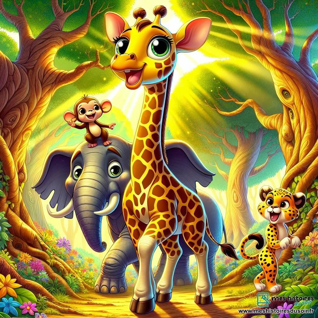 Une girafe nommée Mélodie se tient au centre de la forêt de Jouvence, ses yeux brillants d'excitation. Son pelage tacheté de jaune et de brun scintille sous la lumière dorée. À ses côtés, Loupi, un petit singe espiègle, grimpe sur une branche, riant joyeusement. Nino, un éléphant majestueux, se tient derrière elle, affichant une expression sage. Chacha, une guéparde rapide, s'élance autour d'eux, déterminée. La forêt de Jouvence est un lieu enchanteur, rempli d'arbres géants et de fleurs colorées, où une douce mélodie résonne. Dans cette scène, Mélodie et ses amis se préparent à affronter les épreuves qui les attendent, unis par leur amitié et leur courage pour sauver la forêt menacée.