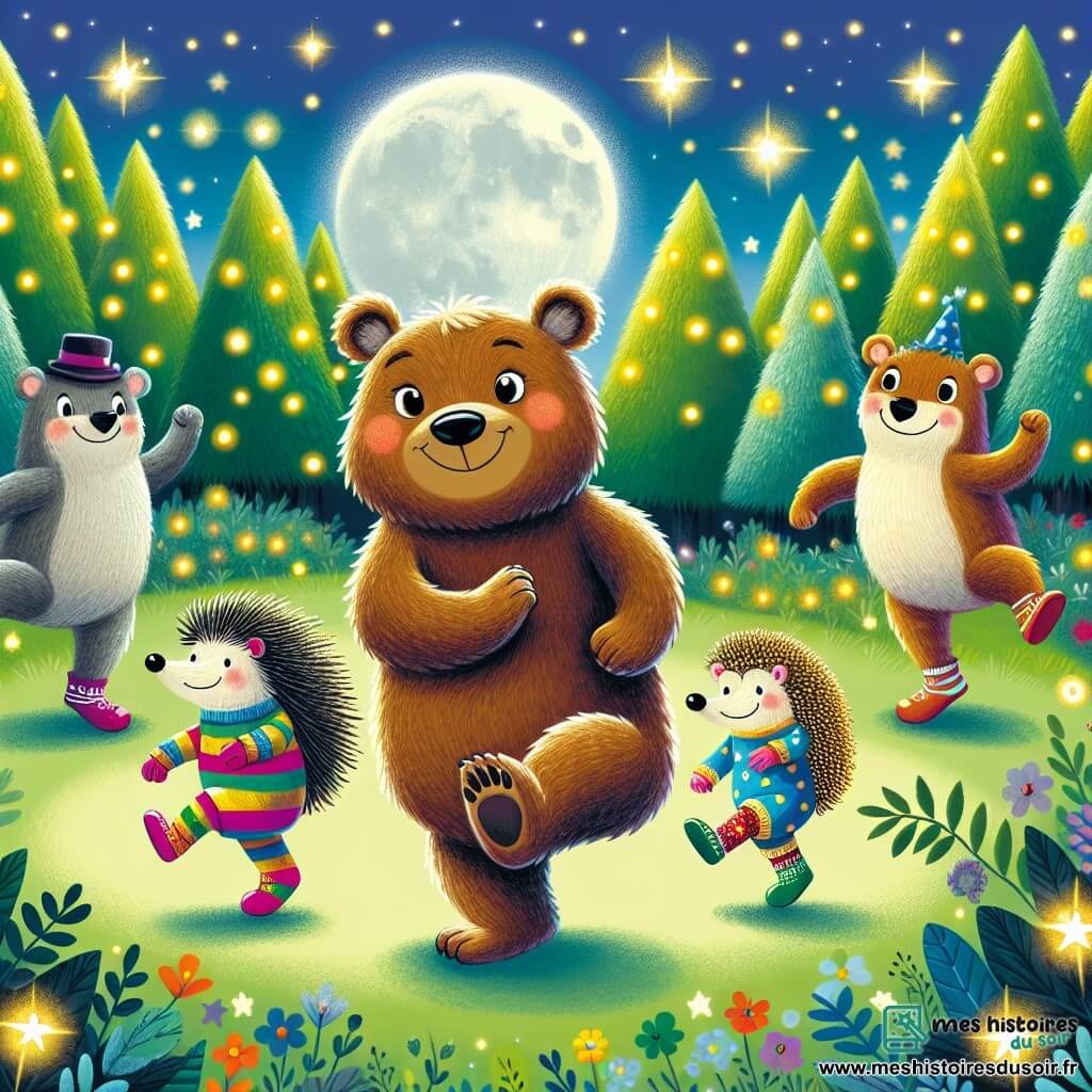 Un ours nommé Oscar, au pelage brun et doux, danse avec enthousiasme dans une clairière. Il se tient sur ses pattes arrière, tournoyant avec énergie. À côté de lui, trois chaussettes magiques colorées, chacune avec des motifs différents, sautent et virevoltent, affichant des visages joyeux. Un hérisson nommé Henri, un peu en retrait, apprend à danser, mêlant timidité et émerveillement. La scène se déroule dans une forêt enchantée, baignée par la lumière de la lune, entourée d'arbres brillants et de fleurs colorées, avec des lucioles scintillantes ajoutant une touche magique. Oscar et ses amis s'amusent ensemble, créant une ambiance joyeuse et festive.