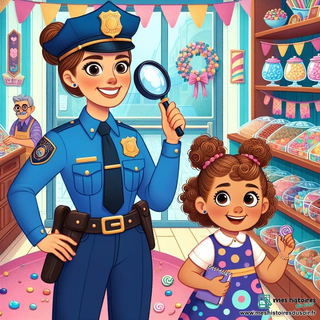 Une policière souriante, Ana, est au centre de l'image. Femme d'une trentaine d'années avec des cheveux bruns en chignon et un uniforme bleu vif, elle examine des miettes de bonbons au sol avec une loupe. À côté d'elle, Léa, une petite fille de six ans aux cheveux bouclés et blonds, regarde avec curiosité, vêtue d'une robe à pois et tenant un carnet pour noter des indices. La scène se déroule dans une boutique de bonbons colorée, avec des étagères remplies de sucreries et Monsieur Martin, un homme âgé, qui les observe avec gratitude. Ana et Léa enquêtent sur des miettes laissées par des écureuils ayant volé des bonbons, créant une atmosphère joyeuse et mystérieuse.