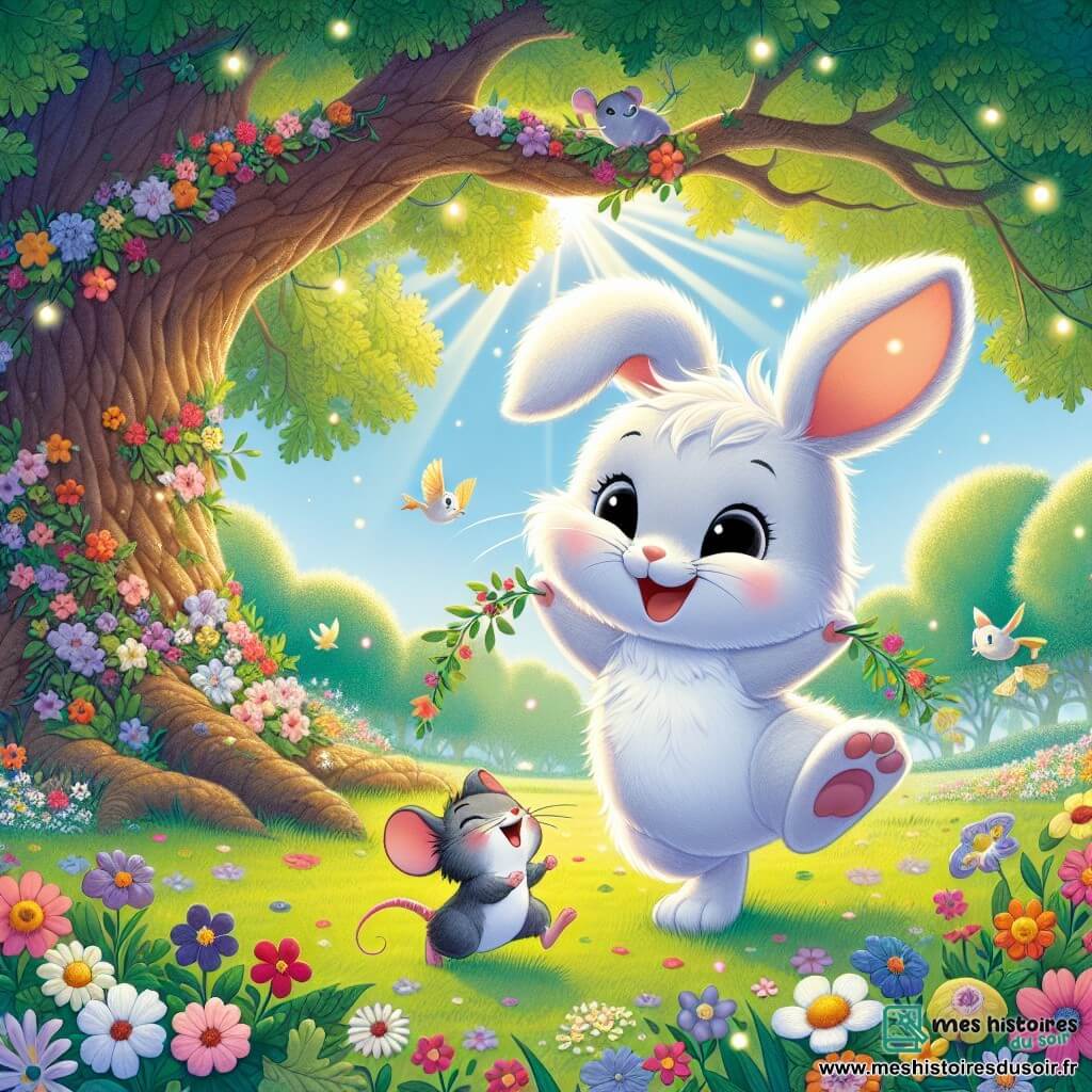 Un petit lapin nommé Pompom, avec un pelage blanc et des yeux pétillants, danse joyeusement sous un chêne décoré de fleurs. À ses côtés, Lili la souris, grise et souriante, tient une guirlande de fleurs. La scène se déroule dans une forêt enchantée, où le soleil brille à travers les feuilles et illumine un tapis d'herbe parsemé de fleurs. Les oiseaux chantent, ajoutant une mélodie joyeuse à l'atmosphère festive. Pompom et Lili célèbrent la fête des fleurs avec leurs amis animaux, remplissant l'air de rires et de bonheur.