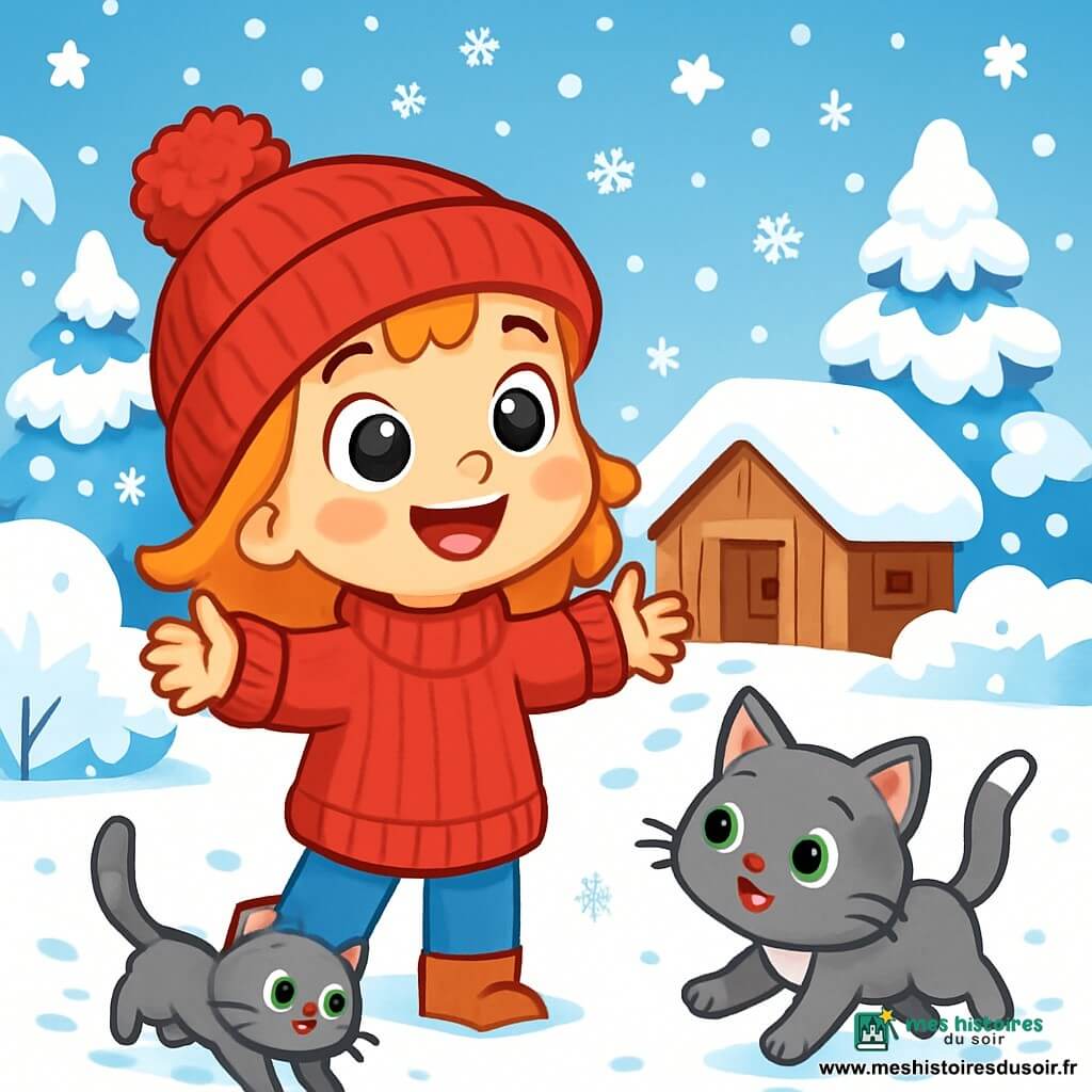 Lila, une petite fille de 4 ans avec de grands yeux et un sourire radieux, porte un pull rouge et un bonnet à pompon. Dans le jardin, elle est émerveillée par la neige qui tombe doucement. Son chaton Minou, un adorable chat gris aux yeux verts, joue dans la neige en sautant. Le jardin est recouvert de flocons, créant un paysage féerique, avec des traces de pas menant à une cabane en bois. Lila, joyeuse, s'apprête à faire un bonhomme de neige, ses joues rosies par le froid, tandis que Minou s'amuse à chasser les flocons.