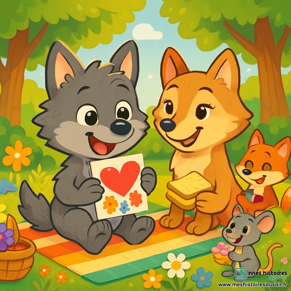 Un petit loup nommé Léo, avec une fourrure grise ébouriffée et des yeux pétillants, est assis sur une couverture rayée dans une prairie verdoyante. Il sourit en tenant une carte colorée, entouré de fleurs sauvages. À côté de lui, sa maman Louve Lila, au pelage doux et soyeux, le regarde avec fierté en tenant un sandwich au miel. En arrière-plan, des amis comme Filou le renard et Margot la souris rient et partagent des friandises. La scène se déroule dans une clairière ensoleillée, entourée d’arbres majestueux, créant une ambiance joyeuse. Léo et sa maman célèbrent la fête des mères, entourés de leurs amis, partageant un pique-nique coloré et des cartes de remerciement.