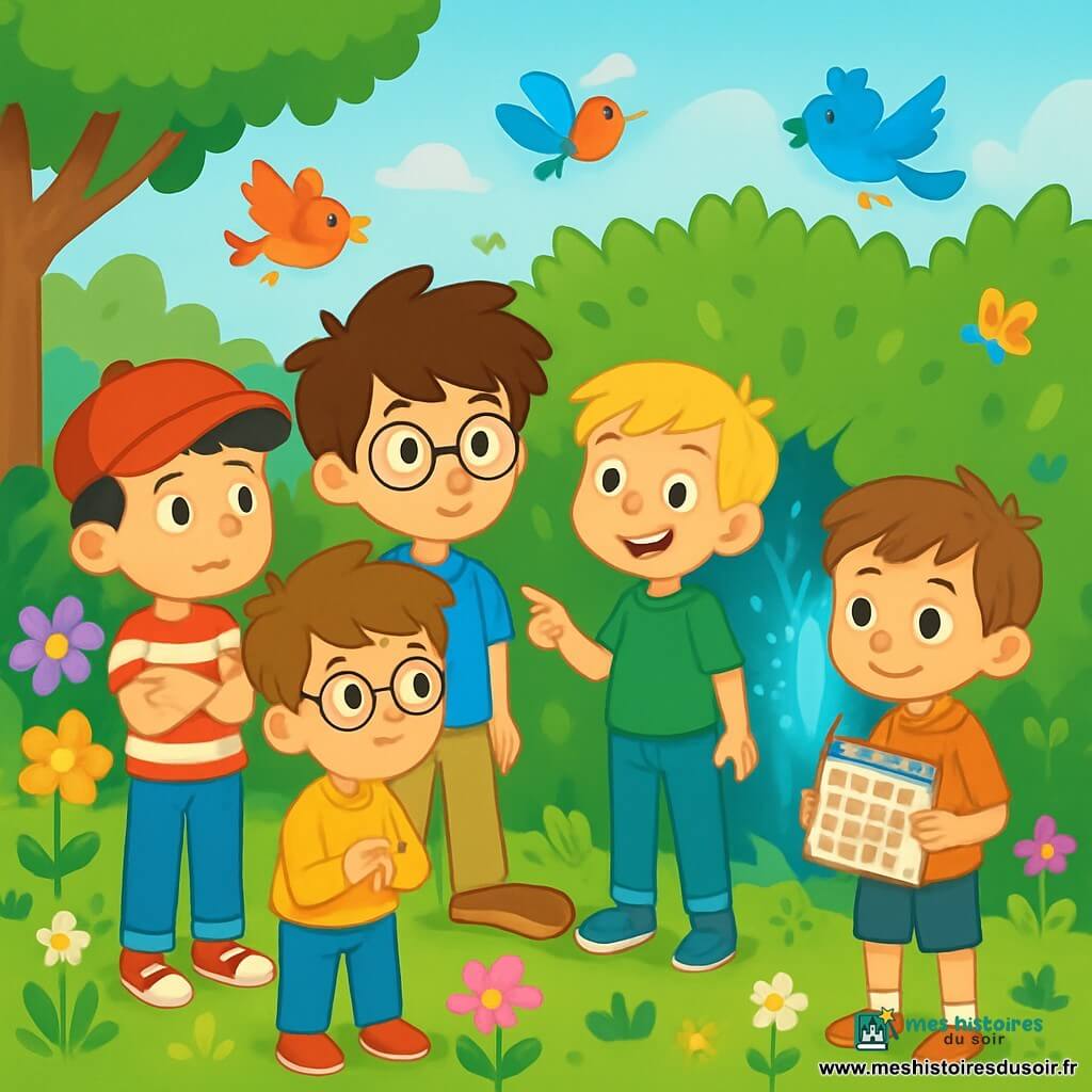 Cinq personnages se tiennent dans un jardin ensoleillé : Jules, 10 ans, cheveux bruns en bataille et lunettes rondes, porte un t-shirt bleu et un short beige, et regarde curieusement un trou dans la haie. Lucas, 9 ans, avec des cheveux blonds et des taches de rousseur, en t-shirt vert et jean, pointe le trou avec un sourire. Sami, 10 ans, cheveux noirs et chapeau rouge, en t-shirt rayé et baskets, est pensif à gauche de Jules. Noé, 9 ans, cheveux châtains et lunettes carrées, en pull jaune et pantalon bleu, observe le trou avec hésitation. Léo, 8 ans, cheveux châtain clair et sourire timide, en chemise à carreaux et short, tient un calendrier, prêt à expliquer. Le jardin est rempli de fleurs colorées et de grands arbres, avec une haie dense et un trou lumineux. Les enfants, émerveillés et excités, se tiennent par la main, prêts à entrer dans un monde fantastique.
