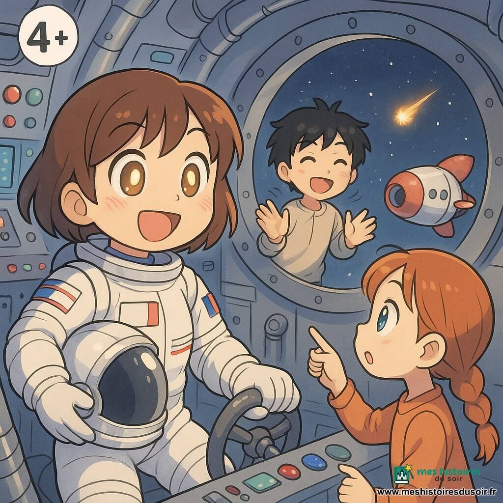 Une jeune astronaute souriante et émerveillée, cheveux courts châtains, casque argenté sous le bras, en combinaison spatiale blanche à bandes colorées, manœuvre un petit volant pour amarrer sa fusée; un garçon d'environ 11 ans, cheveux noirs en bataille, applaudit en aidant près d'une grande porte ronde de la station; une fille d'environ 9 ans, tresse rousse, pointe un petit météore lumineux traversant un grand hublot; intérieur d'une station spatiale reliée à une petite fusée avec panneaux à boutons colorés, écrans lumineux, tuyaux métalliques et rivets, grandes baies vitrées donnant sur l'espace; scène d'amarrage doux sous un ciel étoilé, atmosphère joyeuse et paisible, couleurs douces et style manga aux traits ronds et expressifs.