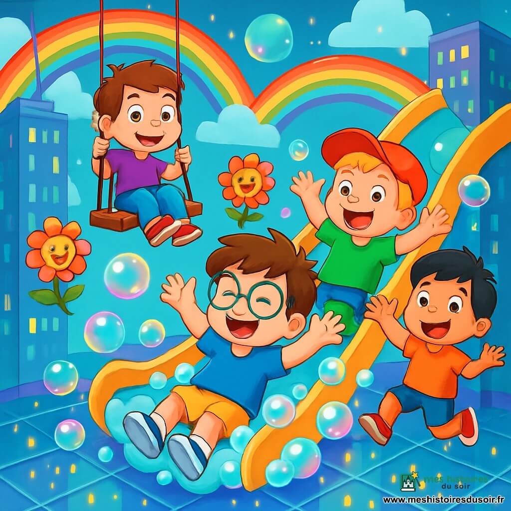 Quatre enfants s'amusent sur une aire de jeux flottante entre deux gratte-ciels. Léo, 5 ans, cheveux bruns et lunettes rondes, rit en glissant sur le toboggan. Max, également 5 ans, avec des cheveux blonds et une casquette rouge, est prêt à glisser derrière lui. Tom, 5 ans, cheveux noirs, saute de joie à côté du toboggan. Simon, 5 ans, cheveux châtains, se balançant sur une balançoire flottante. L'aire de jeux est décorée de bulles colorées et de lumières scintillantes, créant une ambiance magique. Les amis rient en glissant à travers des bulles de savon, entourés de fleurs chantantes.