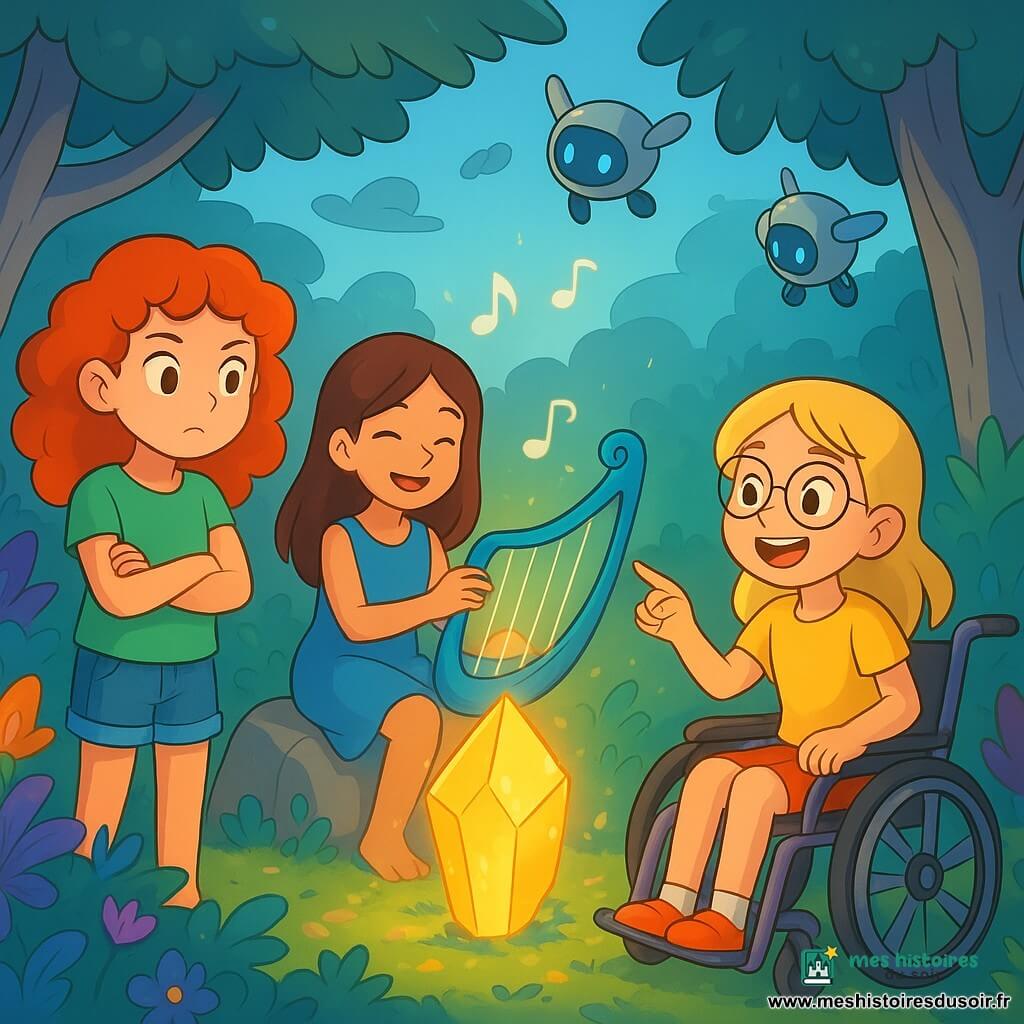 Il y a trois personnages : Clara, une fille de 10 ans aux cheveux roux, portant un t-shirt vert et un short en jean, debout les bras croisés, observant un cristal lumineux au centre de la clairière ; Emma, une fille souriante avec des cheveux bruns en robe bleue, assise sur un rocher, jouant d'un instrument électronique ressemblant à une harpe ; et Zoé, une fille en fauteuil roulant avec des cheveux blonds et des lunettes, à côté de Clara, pointant le cristal avec émerveillement. L'histoire se déroule dans une clairière secrète des Jardins Suspendus de Luminopolis, entourée de plantes exotiques et de fleurs luminescentes, avec un cristal géant pulsant doré. Les enfants découvrent ce cristal magique, symbole de l'énergie de la ville, qu'elles s'apprêtent à relier au cœur énergétique de Luminopolis pour sauver leur ville futuriste.
