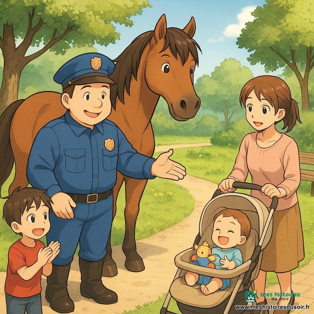 Lucas, policier à cheval souriant et bienveillant au visage rond, en tenue bleue avec badge et bottes, montre d’un geste le chemin plat ; son grand cheval brun Éclair, pelage lustré et crinière flottante, se tient protecteur à ses côtés. À droite, une femme d’environ 30 ans, cheveux châtains attachés, pousse une poussette beige contenant un bébé garçon d’environ 1 an qui rit en agitant une peluche ; à gauche, un garçon de 7 ans en t-shirt rouge applaudit, émerveillé. Le parc matinal, aux allées pavées et à un sentier lisse bordé de fleurs jaunes et d’arbres verts, baigne la scène centrée sur le trio humain-cheval, ambiance calme, couleurs chaudes et traits doux.