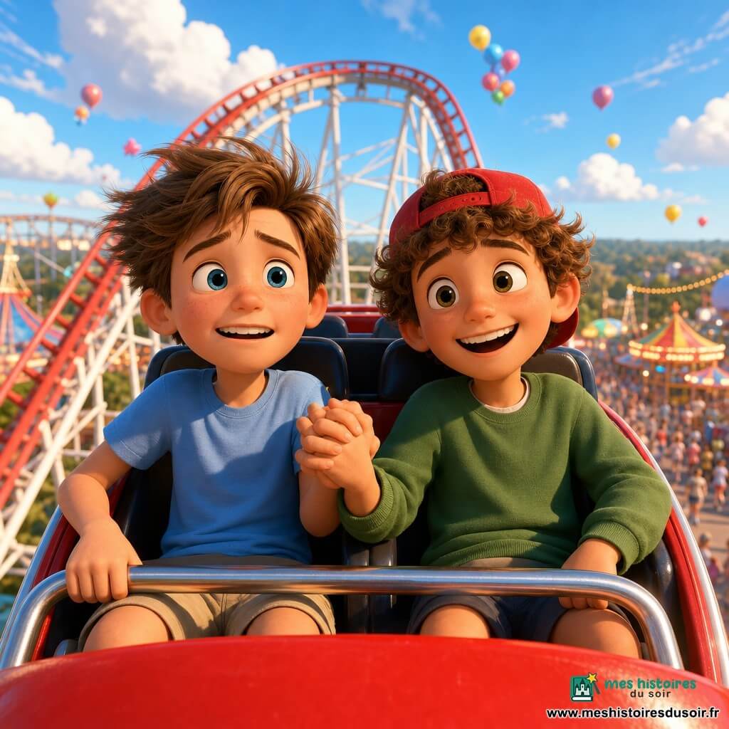 Deux garçons d'environ 9 ans sont assis côte à côte dans une nacelle de montagnes russes au sommet d'une bosse : Paul, châtain court, t-shirt bleu clair et short beige, expression à la fois excitée et un peu anxieuse ; et Mathieu, brun bouclé, casquette rouge à l'envers et sweat vert, sourire rassurant; ils se tiennent la main, cheveux soufflés par le vent, au cœur d'une grande fête foraine en plein jour avec des rails blancs et rouges, guirlandes, stands et ballons, ambiance joyeuse, couleurs saturées et style 3D lisse, composition centrée sur leurs visages et leurs mains jointes.
