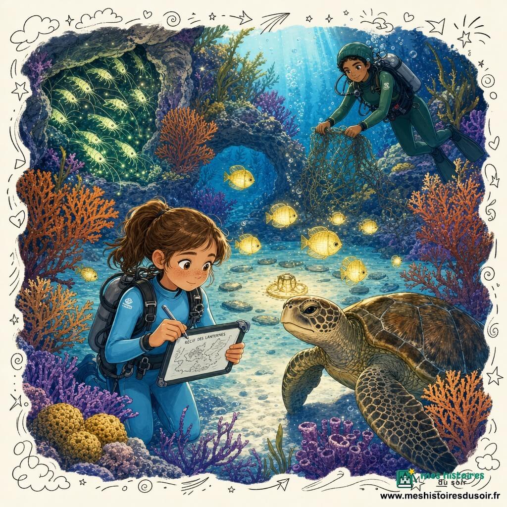 Lina, 10 ans, visage rond et taches de rousseur, en combinaison de plongée bleu ciel, dessine concentrée une carte sous-marine sur une petite ardoise pendant qu'à l'arrière Sana, ~22 ans, en combinaison vert foncé, dégage un filet sans abîmer le corail ; une grosse tortue à la carapace brun-vert avance devant elles comme guide, un banc de crevettes phosphorescentes vertes scintille près d'une fissure rocheuse, autour le récif des Lanternes (coraux orange et pourpre, gorgones violettes, éponges jaunes, arches algueuses), au centre une clairière de sable avec pierres plates en cercle et poissons-lanternes dorés clignotants, la lumière solaire filtrée en rayons bleutés crée une ambiance chaleureuse et mystérieuse, style jeunesse aux traits doux et contours crayonnés.