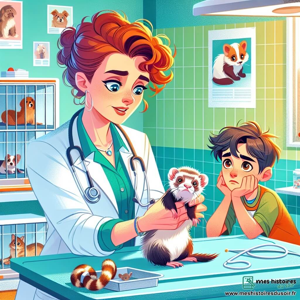 Une vétérinaire d'une trentaine d'années, aux cheveux roux bouclés et aux yeux déterminés, est penchée sur une table d'examen. Vêtue d'une blouse blanche et d'un stéthoscope, elle affiche une expression concentrée et bienveillante. À côté, un garçon de douze ans, inquiet, tient dans ses bras une petite furette nommée Biscotte, qui semble fatiguée mais pleine d'espoir. La scène se déroule dans une clinique vétérinaire lumineuse avec des murs verts pastel et des posters d'animaux. La vétérinaire examine Biscotte, tandis que le garçon, prêt à apprendre, observe avec espoir.
