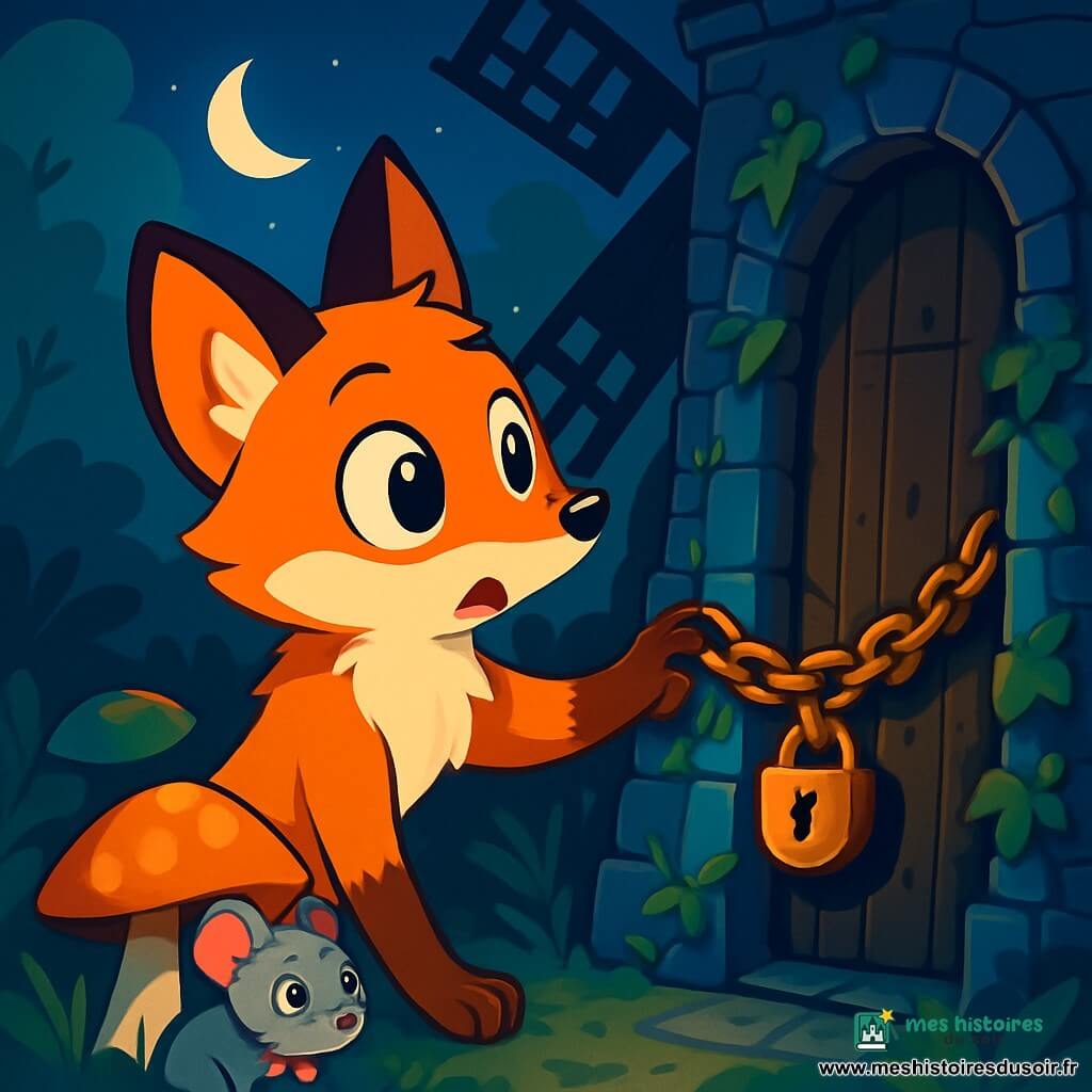 Nox le renard, avec son pelage roux et ses grands yeux brillants, se tient devant le Moulin Noir, curieux et un peu inquiet. Ses oreilles sont dressées, prêt à découvrir le mystère. Près de lui, Lili la souris, avec son pelage gris et ses yeux ronds, l'observe avec inquiétude, cachée derrière un champignon. Le Moulin Noir, vieux et usé, est fait de pierres sombres et couvertes de lierre, avec une porte en bois ornée d'une chaîne rouillée. Des ombres dansent autour, créant une atmosphère mystérieuse. Nox s'apprête à toucher la chaîne tandis qu'une brise légère fait frémir les feuilles, ajoutant une touche de magie à cette nuit intrigante.