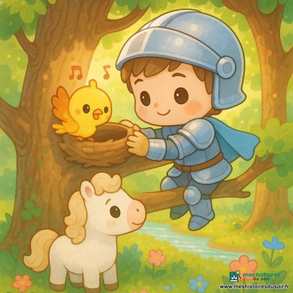 Léo, un petit chevalier garçon fier et doux, souriant, en armure d'acier poli aux reflets bleus et cape bleu ciel courte, casque posé révélant cheveux châtain courts, grimpe sur une grosse branche pour replacer délicatement un nid brun tandis qu'un petit oiseau jaune à ailes orange chante à côté et qu'un cheval blanc chibi au visage bienveillant attend au pied d'un immense chêne dans une forêt lumineuse aux fleurs sauvages et à un ruisseau scintillant, atmosphère calme et heureuse aux couleurs pastel et éclairage chaleureux de fin d'après-midi.