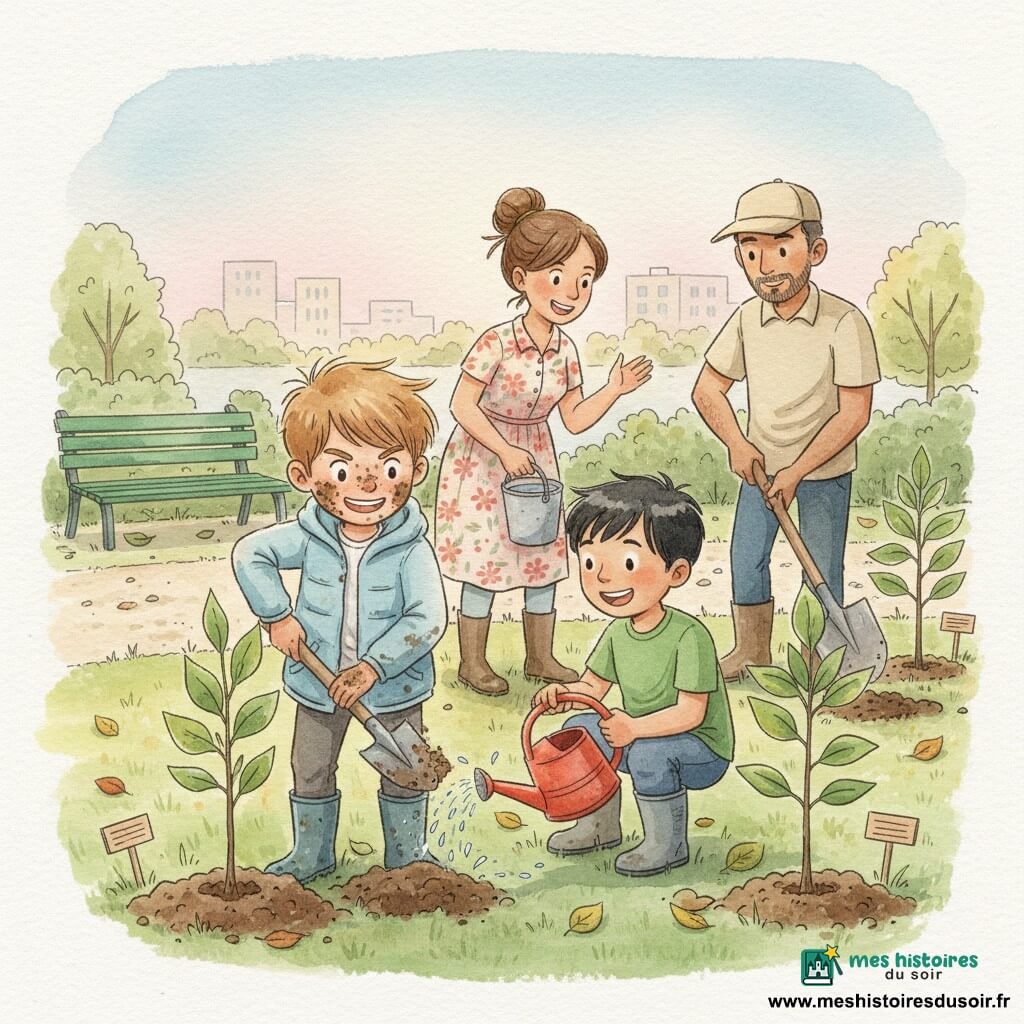 Un garçon de 10 ans, cheveux châtain clair en bataille, visage taché de terre et sourire déterminé, porte une veste bleu ciel et des bottes en caoutchouc; il plante un jeune pommier avec une petite pelle en bois. À côté, un ami du même âge, cheveux noirs courts et t-shirt vert, accroupi, arrose un autre plant avec un arrosoir rouge en riant. Les parents les encouragent: la mère d'environ 35 ans, chignon et robe à fleurs, tient un seau d'eau, le père d'environ 37 ans, barbe légère et casquette beige, creuse avec une grande pelle. Le lieu est un petit parc de quartier herbeux, banc vert, sentier de gravier et rangées d'arbustes, ciel doux rosé et bleu; l'ambiance est joyeuse et lumineuse, poussière de terre et éclaboussures d'eau, petites étiquettes en bois près des plants. Style: aquarelle douce aux couleurs lavées, textures granuleuses, contours légers, lumière matinale dorée et ombres tendres.
