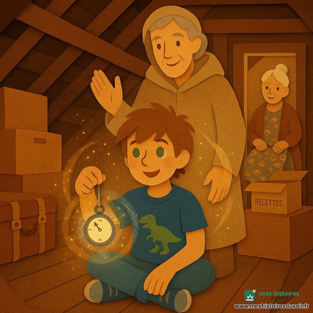 Un garçon de 10 ans, cheveux châtain clair en bataille et yeux verts, en t-shirt bleu à motif dinosaure et jean délavé, assis dans un grenier en papier découpé très texturé tenant un pendentif en forme d’horloge dont l’aiguille tourne à l’envers; le pendentif scintille et crée une auréole argentée autour de lui, la poussière d’or traverse les rayons de lumière et tournoie comme des étoiles. Derrière lui flotte légèrement Maître Éon, homme d’environ 70 ans, silhouette douce et légèrement translucide, cheveux gris courts et manteau à longue capuche beige, sourire bienveillant et main levée pour guider; en arrière-plan, sur le seuil du grenier, la grand-mère d’environ 60 ans, cheveux blancs en chignon, robe fleurie, sourit calmement la main sur une boîte de recettes. L’atmosphère est chaleureuse et mystérieuse, avec poutres en bois foncé, murs en planches patinées, cartons et vieille valise, contrastes ocre et brun rehaussés de touches argentées lumineuses.