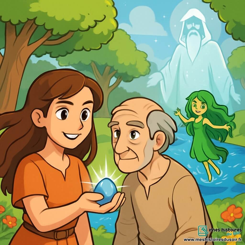 Mila, une femme d'une trentaine d'années, se tient au bord d'un fleuve scintillant, ses longs cheveux bruns flottant dans le vent. Elle a des yeux déterminés et un sourire chaleureux, tenant une pierre brillante, symbole de mémoire et de réconciliation. À ses côtés, un vieux sage, aux cheveux gris et à la peau ridée, l'observe avec sagesse, vêtu d'une tunique en lin usé. Plus loin, une rusalka, une jeune fille d'environ 15 ans, danse gracieusement sur l'eau, ses yeux émeraude brillants de mystère. Le lieu est une clairière enchantée, entourée d'arbres majestueux et de fleurs colorées, tandis que le fleuve serpente paisiblement. Mila est prête à offrir son souvenir à Mraž, le dieu de l'oubli, qui se tient en arrière-plan, enveloppé de brume et de lumière argentée. Les personnages expriment des émotions fortes : détermination pour Mila, sagesse pour le sage et joie mystérieuse pour la rusalka, tous unis dans ce moment de réconciliation.