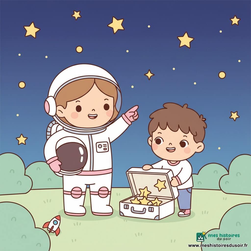 Sophie, astronaute souriante en petite combinaison blanche et rose, casque transparent sous le bras, montre les étoiles du doigt ; Timéo, garçon d’environ 4 ans, cheveux bruns en bataille, tient une valise imaginaire où il range des étoiles dessinées, légèrement devant elle ; décor : jardin nocturne doux avec quelques buissons ronds, une petite fusée jouet rouge sur l’herbe et un ciel bleu foncé parsemé d’étoiles jaunes, ambiance tendre et joyeuse, lumières chaudes, formes simples, couleurs pastel et contours arrondis.