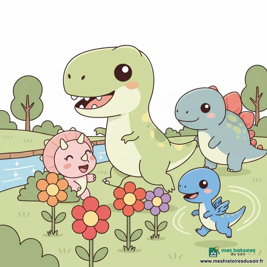Un grand Tyrannosaure Rex vert pâle tacheté de jaune, souriant et tendre, joue au milieu de grandes fleurs colorées en tendant une patte; Trixie, un tricératops rose clair aux trois petites cornes, rit derrière un buisson fleuri; Vicky, un petit vélociraptor bleu vif aux plumes douces, court en rond comme pour proposer un jeu; Spike, un stégosaure gris-bleu aux grandes plaques colorées, veille calmement en arrière-plan; la scène se déroule dans une clairière lumineuse avec herbe verte, un ruisseau scintillant et quelques arbres arrondis, ambiance joyeuse, couleurs douces, formes simples et contours nets, lisible pour un enfant de 4 ans.