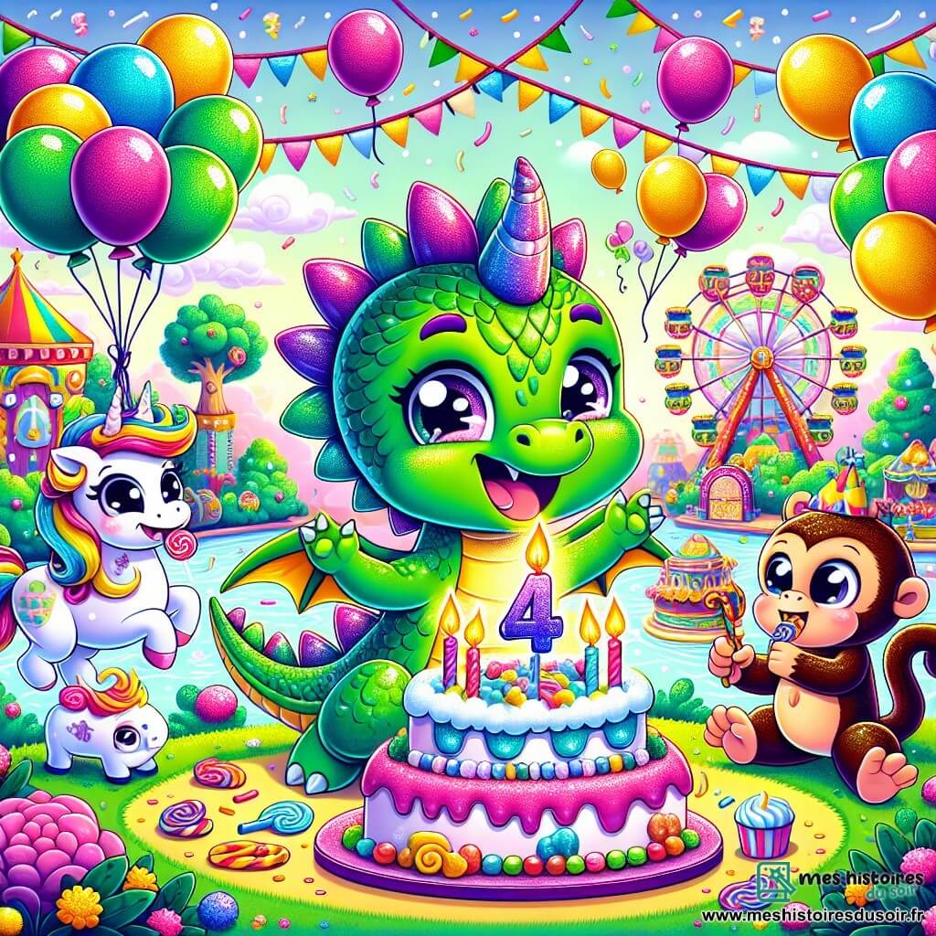 Un petit dragon vert nommé Drago, avec des écailles brillantes et des yeux pétillants, se tient au centre d'un parc d'attractions. Il sourit, battant des ailes avec excitation, entouré de ballons colorés. À sa droite, une licorne rose nommée Lulu danse joyeusement, et à sa gauche, un singe nommé Jojo grignote un bonbon en riant. Le parc est rempli de manèges colorés et de guirlandes lumineuses, créant une ambiance festive. Drago souffle ses bougies sur un grand gâteau d'anniversaire décoré, tandis que des histoires magiques s'échappent d'un livre flottant à côté de lui, ajoutant une touche de merveille à cette célébration.