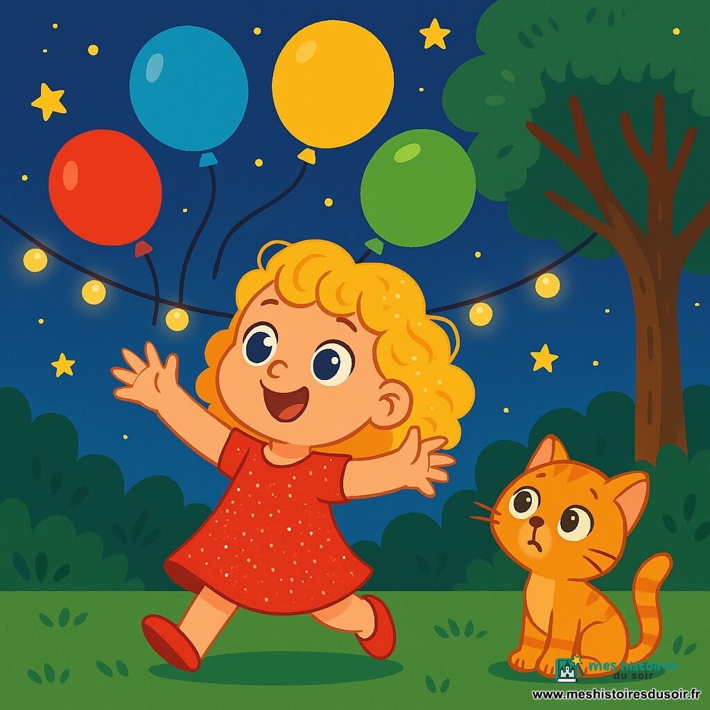 Une petite fille de 4 ans, Emma, aux cheveux bouclés et dorés, porte une robe rouge pailletée qui brille sous les lumières. Elle a des yeux pétillants de joie et un grand sourire, tendant les bras vers des ballons colorés qui s'envolent dans le ciel étoilé. À ses côtés, son chaton Caramel, un petit chat orange aux poils doux, observe avec curiosité. La scène se déroule dans un jardin illuminé par des guirlandes scintillantes, avec un grand arbre majestueux en arrière-plan. Emma, pleine d'énergie, court après les ballons, tandis que Caramel miaule pour l'encourager.