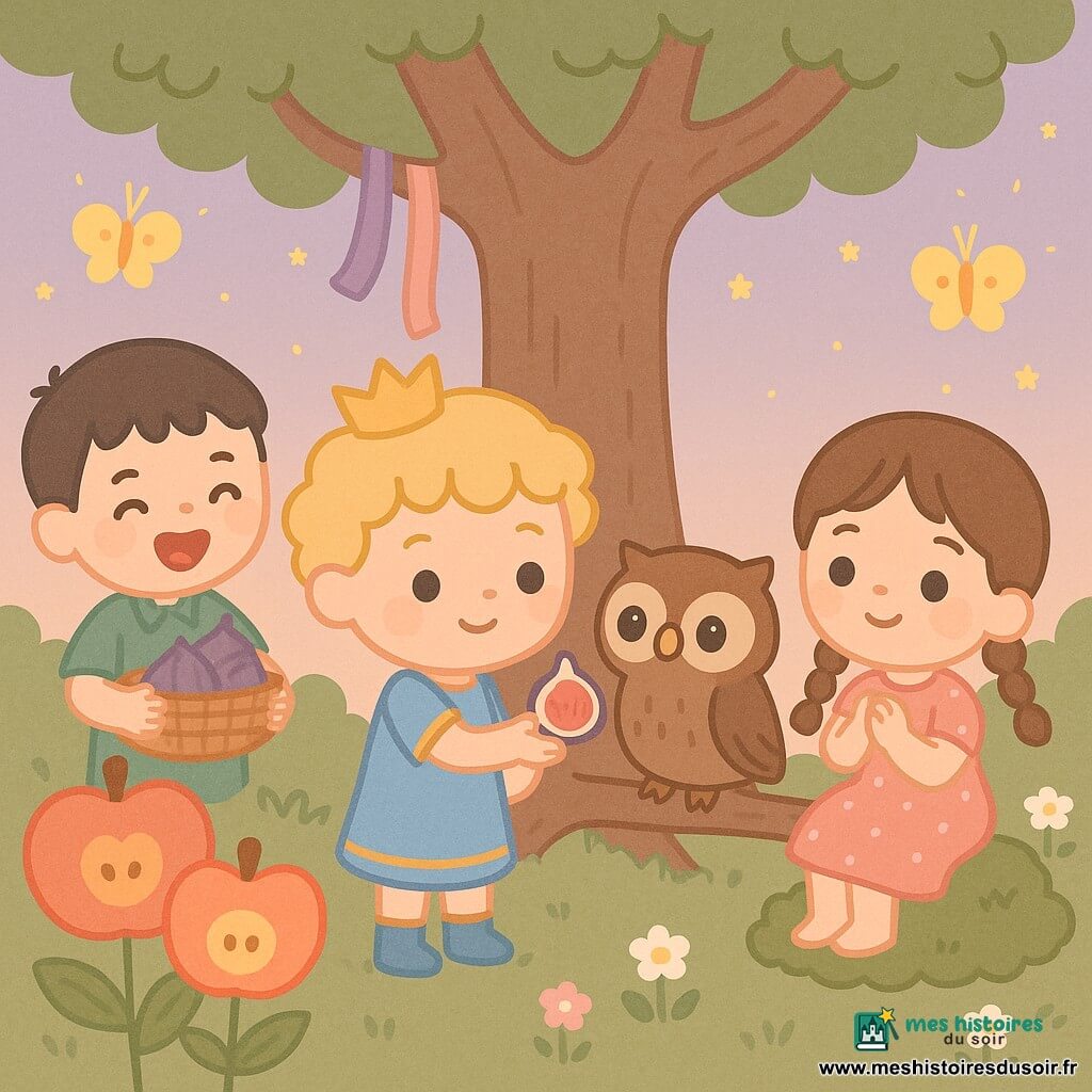 Petit prince souriant aux cheveux blonds bouclés, robe courte bleu ciel à bordures dorées, tend une figue ouverte vers Ombre, un hibou brun aux grands yeux noirs, posé sur une branche basse; à droite, une fillette de 5 ans aux tresses brunes et robe rose à pois applaudit assise sur la mousse, à gauche un garçon de 6 ans cheveux noirs en chemise verte rit en tenant un panier de figues. Le jardin enchanté présente herbe veloutée, un grand chêne aux rubans colorés, fleurs oversize en formes de pommes et papillons-soleil jaunes, sous une lumière de crépuscule et un ciel lavande parsemé de petites étoiles dorées. Scène centrée de partage et d'amitié, tons pastel contrastés, silhouettes arrondies, traits simples, contours fins et textures plates, expressions exagérées mais douces.