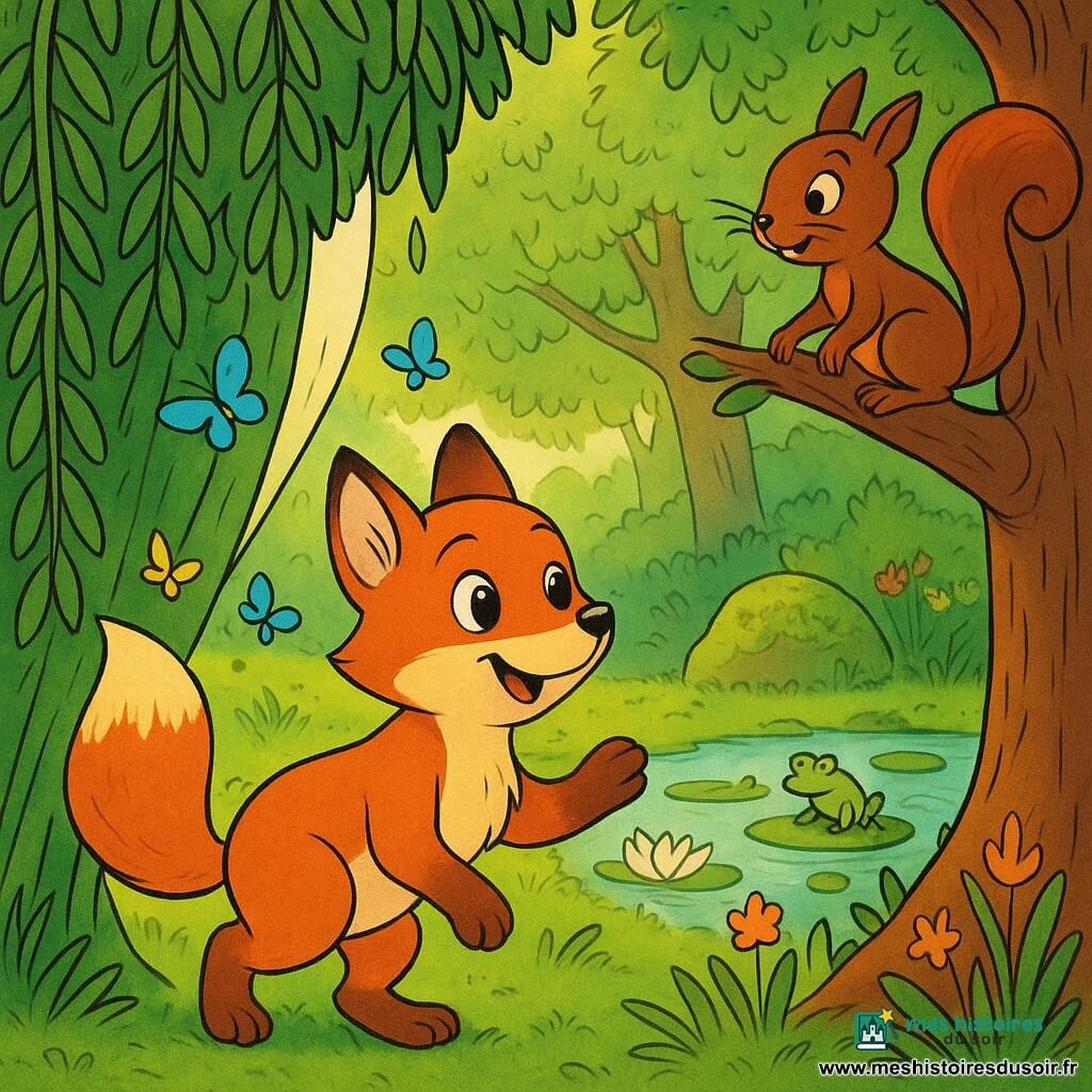 Un petit renard roux au pelage luisant, yeux noisette curieux, queue touffue relevée, souriant en écartant un rideau de lianes pour avancer sur un sentier secret ; un écureuil roux-foncé perché sur une branche, complice et prêt à le suivre, regarde le renard ; des papillons bleus et jaunes voltigent autour ; en arrière-plan, une clairière avec une pierre couverte de mousse, un petit étang aux nénuphars blancs, grenouilles, herbes et fleurs ; lumière douce du matin filtrant entre les arbres, ambiance paisible et enchantée ; composition simple, personnages au premier plan, style lignes nettes, couleurs pleines et expressions lisibles pour les enfants.