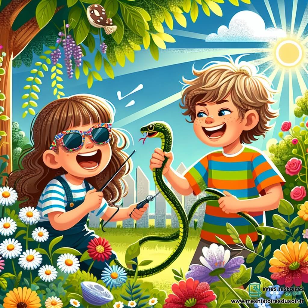 Chloé, une petite fille de 8 ans, est pleine de vie avec ses longs cheveux bruns, ses lunettes de soleil colorées et son t-shirt à rayures. Elle rit en tenant un faux serpent en plastique, prête à faire une farce à son frère Julien, 10 ans, qui a les cheveux blonds en bataille et un sourire espiègle. Dans un jardin ensoleillé rempli de fleurs colorées, Chloé se cache derrière un buisson, riant alors que Julien découvre le serpent, surpris et amusé. Les rayons du soleil créent une atmosphère joyeuse.
