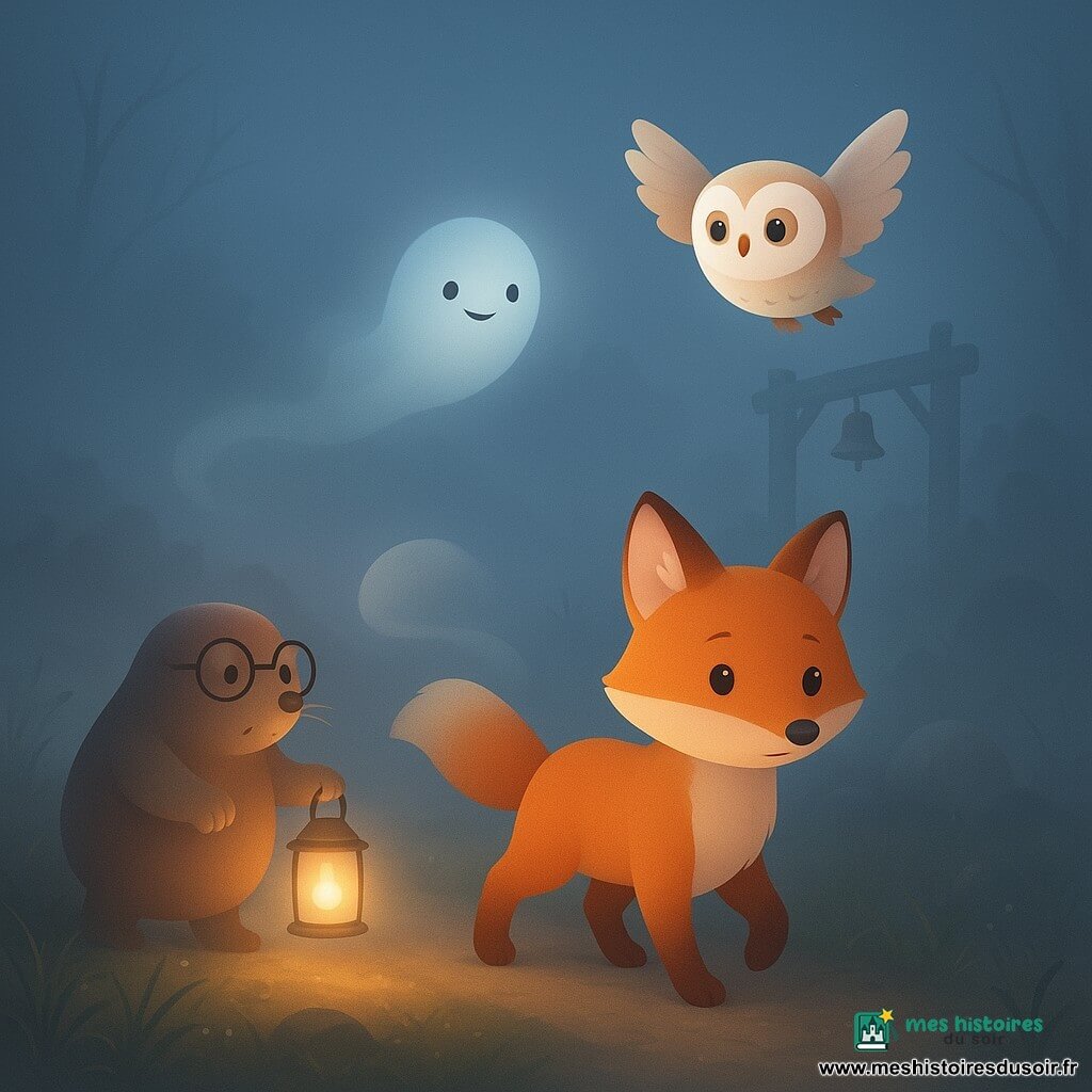 Nino, petit renard roux au pelage doux et aux yeux noisette, avance prudemment sur un sentier nocturne dans un pré enveloppé de brouillard gris perle, patte levée en comptant ses pas; Lila, chouette blanche et beige aux grands yeux, vole en stationnaire à sa droite, inquiète puis courageuse; Mamie Taupe, ronde et moustachue avec lunettes épaisses, tient une lanterne qui projette une lumière chaude à gauche; le Tintouin, petite boule de brouillard translucide souriante, flotte devant en laissant une traînée lumineuse; la lanterne et cette traînée dessinent un chemin jusqu'à un vieux portail en bois couvert de mousse avec une cloche, tandis que branches et pierres se devinent en silhouettes trompeuses.