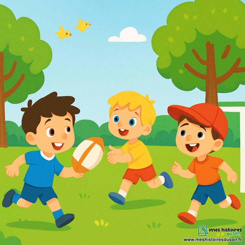 Quatre enfants jouent au rugby dans un parc verdoyant. Tom, 8 ans, cheveux bruns, porte un maillot bleu et court vers le ballon. Léo, 7 ans, cheveux blonds, en short rouge, se prépare à attraper la balle. Max, 6 ans, cheveux noirs et lunettes rondes, est près du but en t-shirt vert. Hugo, 7 ans, cheveux châtains et chapeau de baseball, rit en courant vers Léo. L'ambiance est joyeuse, avec des sourires radieux, alors que Tom lance la balle à Léo et Max se prépare à marquer. Le parc est rempli d'arbres, de fleurs colorées et d'oiseaux chantants.