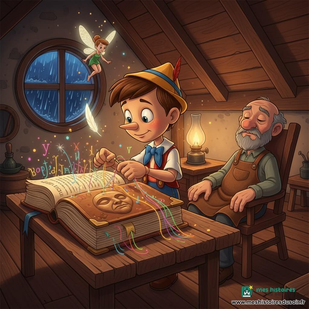 Pinocchio, marionnette en bois au visage tendre et aux articulations visibles, coud délicatement avec une aiguille d'or et des fils lumineux un grand grimoire usé dont la couverture sculptée laisse échapper des mots colorés ; la petite fée aux ailes translucides flotte au-dessus en laissant tomber une plume brillante tandis que Geppetto, vieux menuisier barbu, dort sur une chaise à côté, lampe à huile allumée dans un grenier sous les combles humide par la pluie, créant une atmosphère nocturne chaleureuse ponctuée d'étincelles autour des fils cousus.