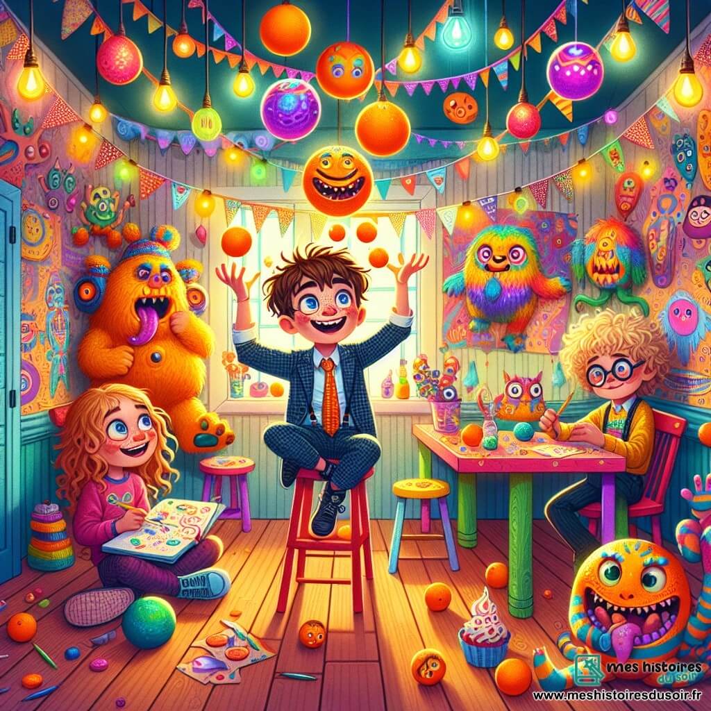Un garçon de 11 ans, Martin, avec des cheveux châtains en bataille et des yeux pétillants, se tient au centre de la scène, souriant. Il jongle maladroitement avec deux oranges, tandis qu'une orange roule sous une table colorée. À sa droite, Léo, 10 ans, rit en tenant une carotte en plastique, et à gauche, Sophie, 9 ans, dessine des créatures fantastiques sur un carnet. La scène se déroule dans la Maison des Étrangetés, un lieu enchanteur aux murs colorés, avec des ballons en forme de monstres et des collations étranges. Martin jongle, tandis que les autres enfants rient, créant une atmosphère joyeuse et festive.