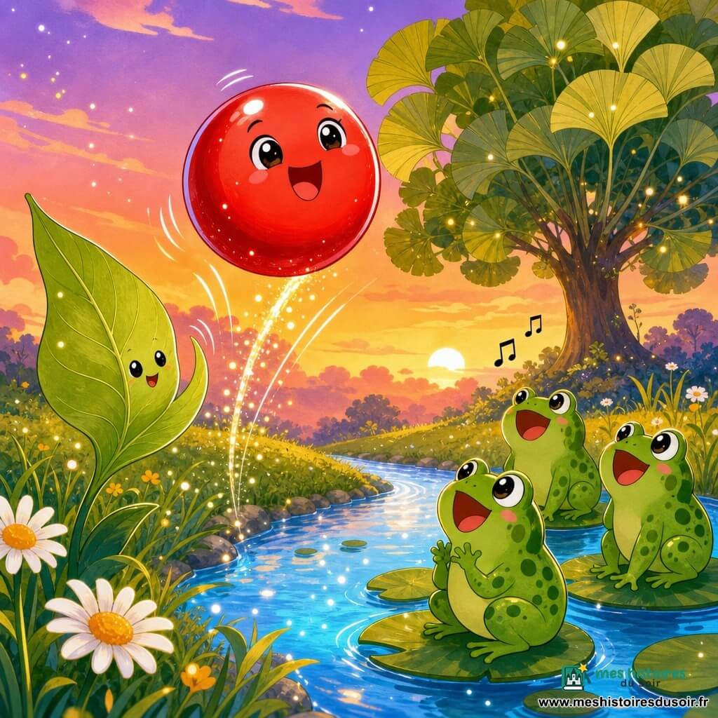 Une petite balle ronde rouge nacrée, joyeuse et émerveillée, saute au premier plan en laissant des traînées scintillantes; à droite, des grenouilles vertes tachetées, souriantes, sont assises sur des nénuphars dans l'étang, chantant et regardant la balle; à gauche, une grande feuille verte nervurée vole doucement comme pour la saluer; le jardin magique au crépuscule présente herbe ondulée, marguerites, un ruisseau scintillant et un grand arbre en arrière-plan, lumière chaude du coucher de soleil, couleurs vives, contours doux, atmosphère gaie et paisible.