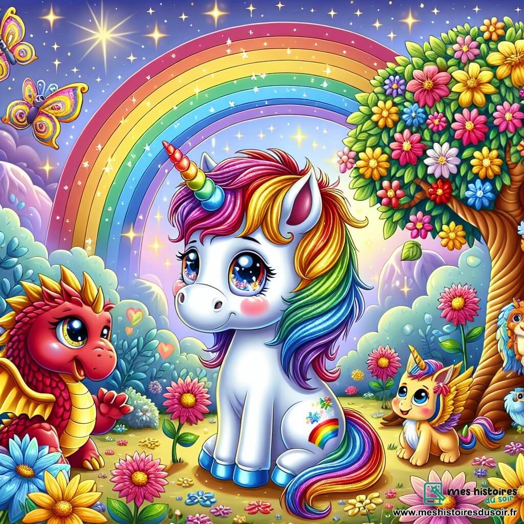 Illustration d'une petite licorne magique aux couleurs de l'arc-en-ciel, avec une crinière scintillante et des yeux pétillants de malice, mais légèrement triste dans un jardin fleuri, entourée de fleurs éclatantes et de papillons. À proximité, un dragonnet aux écailles rouges et or, avec un sourire encourageant, l'observe, prêt à la réconforter avec des histoires. Un petit griffon aux plumes dorées dessine des arcs-en-ciel au sol, affichant une expression joyeuse. Le jardin enchanteur est rempli de fleurs colorées, d'un arbre majestueux aux feuilles dorées, et de fruits en forme d'étoiles, le tout baigné d'une lumière magique. La licorne se tient près de l'Arbre de l'Espoir, fermant les yeux pour faire un vœu, entourée de ses amis prêts à l'encourager. L'atmosphère est réconfortante, avec des étoiles scintillantes et des rayons de lumière filtrant à travers les feuilles.