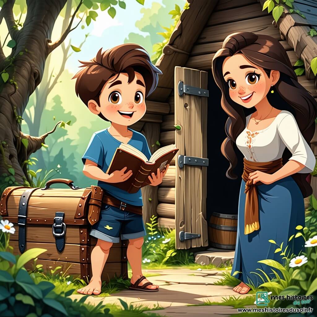 Lucas, un garçon de 11 ans aux cheveux châtains en bataille et aux yeux pétillants, se tient devant un vieux coffre en bois dans une cabane cachée par des herbes hautes. Il porte un t-shirt bleu à motif de pirate et un short en jean, son visage rayonnant d'excitation en découvrant un livre ancien. À ses côtés, sa maman, une femme d’une trentaine d’années aux cheveux longs et bruns, sourit en tenant un bol de fruits colorés, vêtue d'une robe d'été à fleurs. Un groupe d'enfants, dont Clara, une fille de 10 ans avec des tresses blondes, s'approche curieusement du coffre. La cabane rustique, avec ses murs en bois vieilli et ses rayons de lumière filtrant à travers une fenêtre poussiéreuse, crée une atmosphère magique. Lucas, entouré de sa maman et de ses amis, explore le coffre, découvrant ensemble un livre de recettes de potions, tandis que leurs rires résonnent, promettant aventures et amitié.