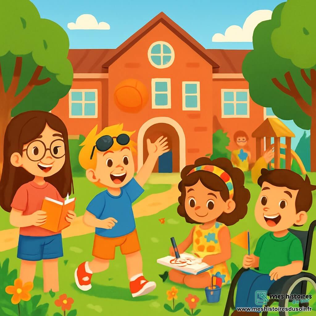 Quatre enfants jouent dans la cour d'une école primaire ensoleillée. Emma, 8 ans, a de longs cheveux bruns, des lunettes rondes, un t-shirt rose et un short en jean ; elle tient un carnet de notes. Max, également 8 ans, a des cheveux blonds en bataille, des lunettes de soleil, un t-shirt bleu et des baskets rouges clignotantes ; il lance une balle avec enthousiasme. Chloé, 8 ans, a des cheveux châtains bouclés, un bandeau coloré et porte une robe à fleurs ; elle dessine sur un carnet, assise sur l'herbe entourée de fleurs. Hugo, 8 ans, a des cheveux bruns et un grand sourire ; dans son fauteuil roulant, il porte un t-shirt vert et tient un petit drapeau en papier. L'ambiance est joyeuse, les enfants jouent à un jeu d'association, entourés d'un décor coloré et accueillant.