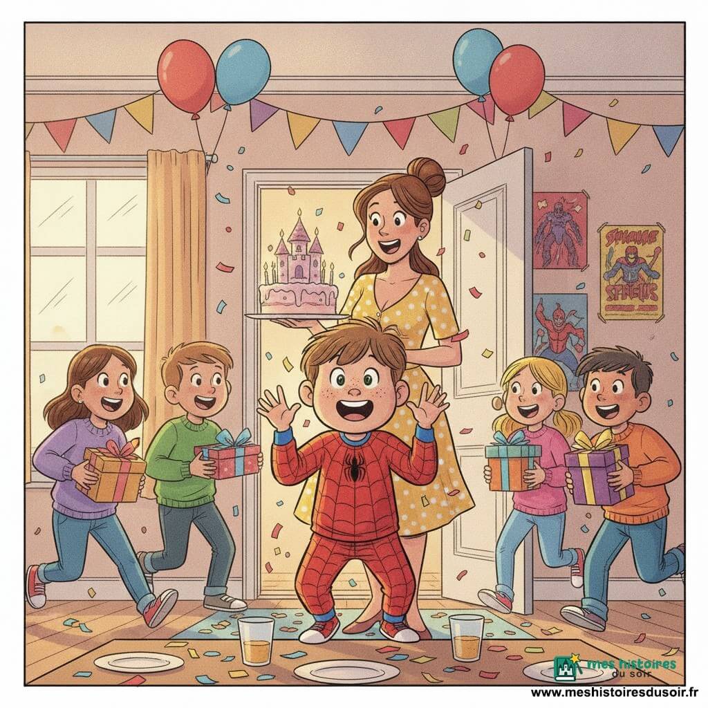 Un garçon de 10 ans, visage rond avec taches de rousseur, cheveux châtain courts, yeux verts, souriant et surpris en pyjama Spiderman, mains levées et légèrement penché en avant ; sa mère d'environ 35 ans, cheveux bruns en chignon et robe jaune à pois, tient un grand gâteau en forme de château avec bougies allumées derrière lui ; quatre amis (deux garçons, deux filles, ~9‑10 ans) en vêtements colorés, portant des cadeaux, courent de part et d'autre en criant "Surprise!" ; le salon chaleureux est décoré de guirlandes multicolores, ballons rouges et bleus, posters de super-héros, table en bois avec assiettes et confettis, lumière dorée par la fenêtre ; la porte est grande ouverte, confettis jaillissent, atmosphère festive et mouvementée avec composition dynamique et expressions exagérées style bande dessinée.