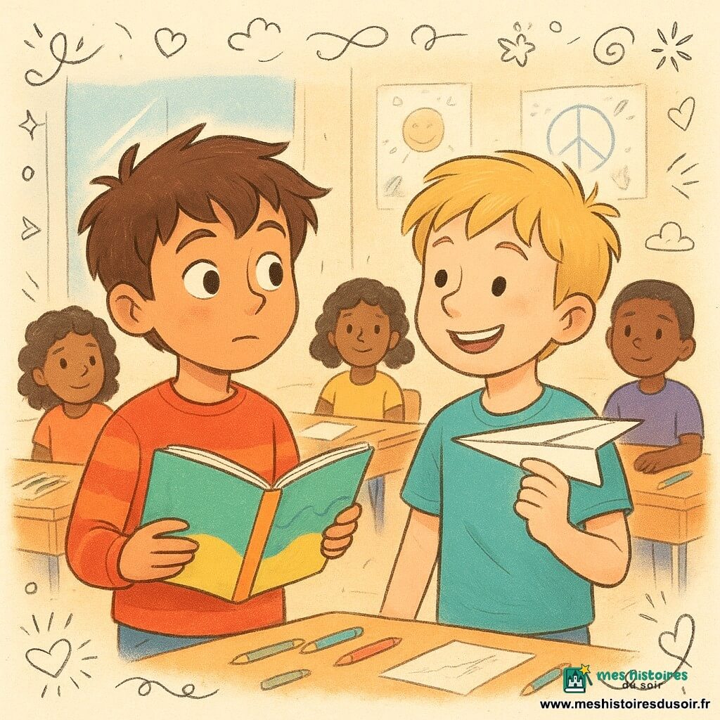Yanis, un garçon de 10 ans aux cheveux bruns ébouriffés et aux yeux curieux, tient un carnet coloré, son visage réfléchi. À ses côtés, Emil, également 10 ans, avec des cheveux blonds et un sourire amical, tient un avion en papier prêt à être lancé. Ils sont dans une salle de classe lumineuse aux murs ornés de dessins d'enfants, avec des tables en bois couvertes de crayons et de papiers. Yanis et Emil échangent des idées sur la paix, entourés de camarades attentifs, créant une atmosphère de partage et de découverte.