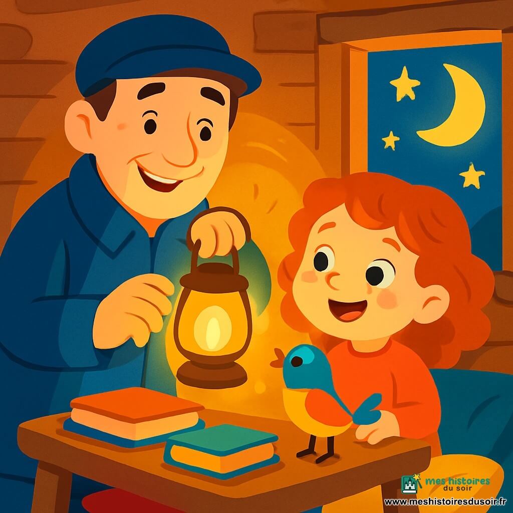 Un homme au manteau bleu se tient au centre de l'image, tenant une lampe qui éclaire son visage. À ses côtés, une petite fille aux cheveux roux, âgée d'environ 7 ans, regarde la lampe avec émerveillement. Un oiseau coloré, perché sur la table, chante gaiement. La scène se déroule dans une maison en bois avec des murs en pierre et une fenêtre ouverte laissant entrer une douce lumière dorée. La pièce est chaleureuse, avec des livres sur la table et des coussins autour. L'homme et la petite fille partagent un moment de bonheur, tandis que la lumière de la lampe et les étoiles à travers la fenêtre créent une atmosphère féerique.