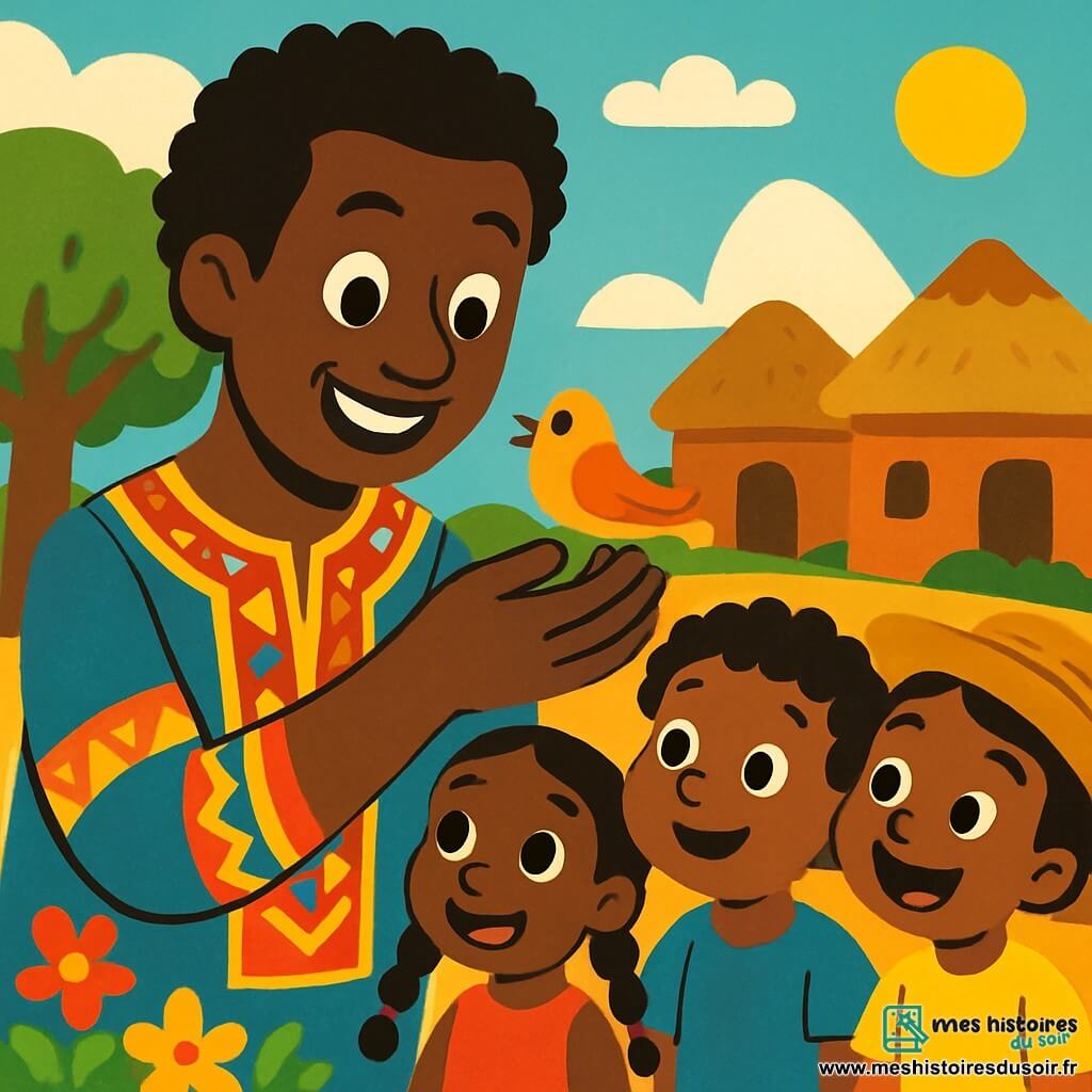 Un homme nommé Kofi, souriant et bienveillant, tient un petit oiseau dans ses mains. Il porte une tunique colorée et semble heureux, entouré de trois enfants émerveillés. La scène se déroule dans un village africain avec des maisons en terre cuite et un ciel bleu. Kofi soigne l'oiseau blessé, tandis que les enfants expriment leur joie et leur curiosité.