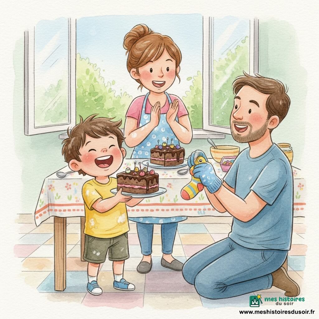 Garçon de 4 ans joyeux aux cheveux bruns en bataille, t-shirt taché de farine, tenant une part de gâteau au chocolat décorée de petits bonbons en forme d'animaux et riant ; la maman d'environ 30 ans, chignon, souriante et protectrice, applaudit en tablier à pois avec de la farine sur les mains ; le papa d'environ 32 ans, barbe légère, accroupi face au garçon, fait une voix drôle avec une chaussette-poisson ; scène dans une cuisine lumineuse avec table en bois, bols et bonbons éparpillés et fenêtre ouverte sur un jardin flou — moment de fête des pères chaleureux et comique autour d'un "gâteau-zoo", rires, gestes animés, ambiance câline aux couleurs pastel.