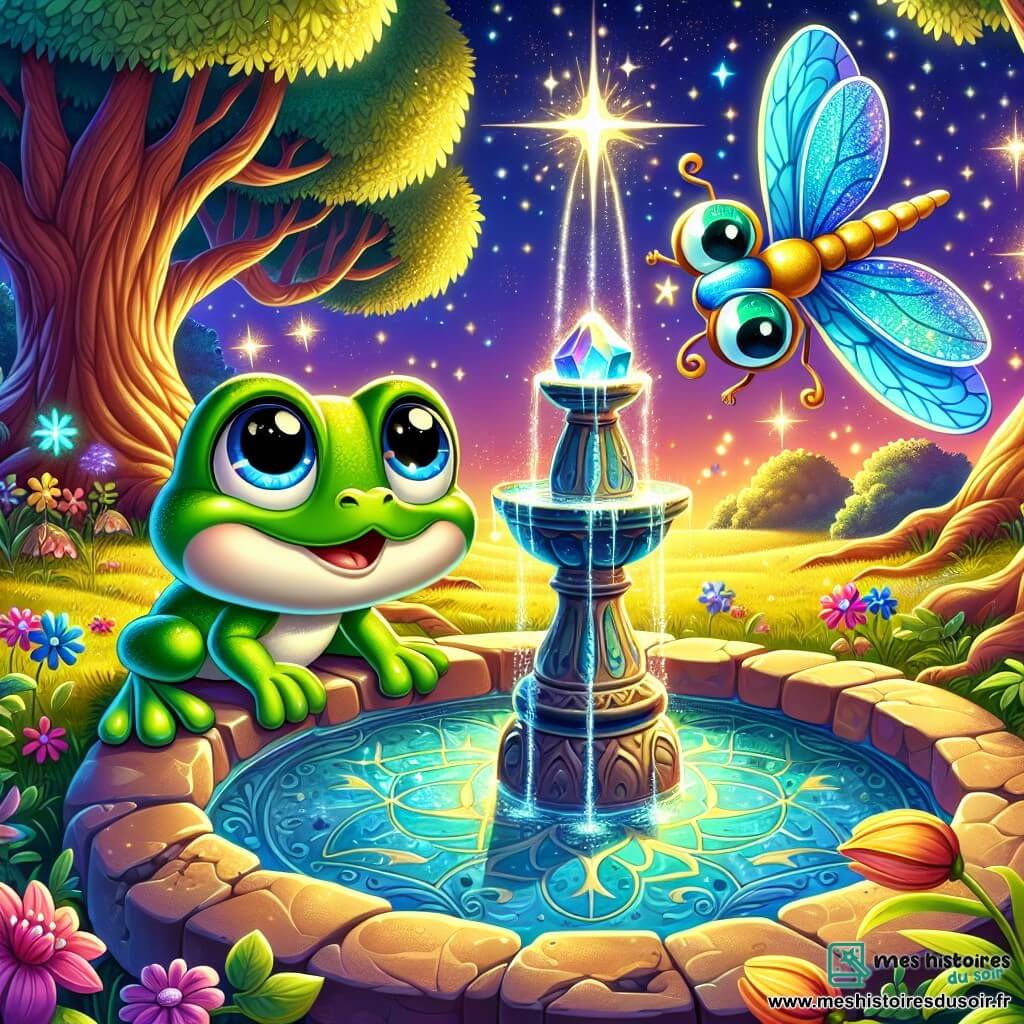 Une petite grenouille nommée Léon, avec une peau verte et de grands yeux ronds, se tient au bord d'une fontaine étincelante, affichant une expression d'émerveillement. À côté de lui, une libellule bleue nommée Lila vole gracieusement, ajoutant de la magie à la scène. La clairière est baignée d'une lumière dorée, entourée d'arbres majestueux et de fleurs colorées. La fontaine reflète les étoiles du ciel nocturne. Léon et Lila s'apprêtent à découvrir le secret de la pierre magique, remplis d'excitation.