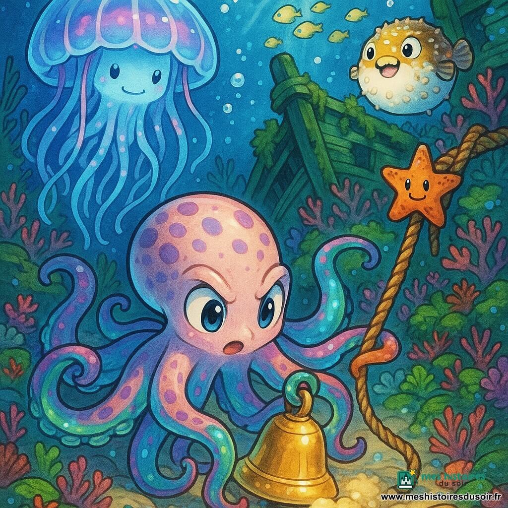Une jeune pieuvre curieuse aux tentacules colorés et à la peau nacrée tachetée de violet, yeux grands et brillants, visage déterminé et émerveillé, use de plusieurs tentacules pour dégager une cloche dorée à moitié enfouie dans le sable ; derrière elle flotte une grande méduse translucide aux filaments lumineux bleus et roses, calme et bienveillante, tandis qu’une petite étoile de mer orange, accrochée à une corde ensablée, tient la corde près de la bouche de mer pour aider, et qu’un poisson-globe panaché blanc et jaune, surpris mais souriant, observe depuis un rocher ; décor : épave boisée couverte d’algues et de coraux multicolores, morceaux de verre marin scintillant, bancs de poissons-lanterne jaunes éclairant la scène et colonnes de bulles, ambiance magique et profonde avec lumière phosphorescente émanant des tentacules, concentration sur la cloche brillante et les expressions marines ; style : traits manga nets, couleurs saturées et textures aquarelle, éclairage contrasté entre lueur phosphorescente et ombres bleutées.