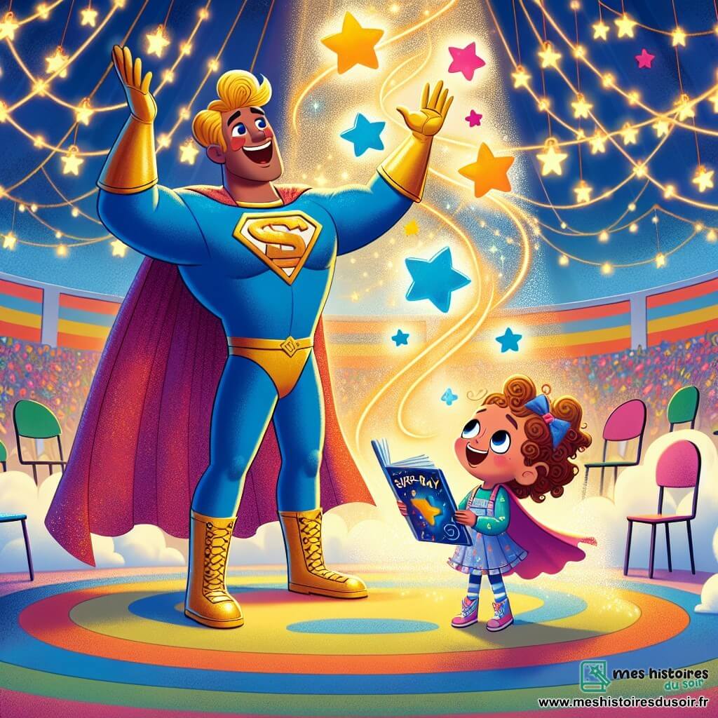 Super-Ray, un homme grand en cape bleue et bottes qui font « pouet pouet », sourit en levant les bras pour faire briller des étoiles autour de lui. Il a des cheveux dorés et des yeux pétillants. À ses côtés, Lila, une petite fille de 6 ans avec des cheveux bouclés et une robe rose, admire les étoiles dansantes tout en tenant un livre ouvert. La scène se déroule dans la grande salle ronde de l’École des Héros, aux murs arc-en-ciel qui changent de couleur au rire. Des chaises en forme de nuages flottent et des guirlandes de lumières scintillent au plafond. Super-Ray enseigne aux petits héros à faire briller leurs pouvoirs, et Lila, excitée, essaie de faire briller une étoile avec son livre magique.