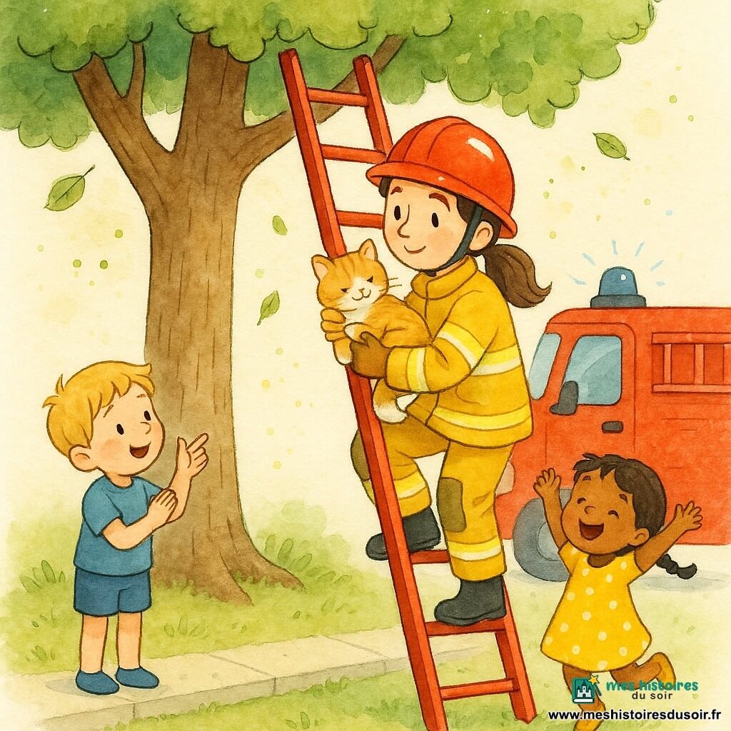 Une femme pompier souriante au casque rouge et veste jaune monte une grande échelle peinte en rouge pour tendre la main et sauver un petit chat roux et blanc blotti contre sa main gauche; elle a les cheveux bruns en queue de cheval et un regard doux et concentré. À la base, un camion de pompier rouge aux éclats de peinture visible est garé près d’un grand chêne feuillu, une fillette de 4 ans en robe jaune à pois blancs saute de joie à droite et un garçon d’environ 6 ans en short bleu applaudit et pointe à gauche; l’ambiance est lumineuse et douce, traits à l’encre colorée, contours simples et couleurs vives.