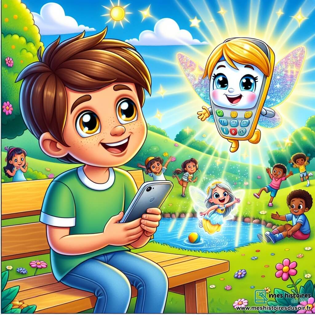 Léo, un jeune garçon aux cheveux bruns et aux yeux curieux, est assis sur un banc dans un parc ensoleillé, souriant et tenant un téléphone brillant. À côté de lui, Alex, le téléphone, avec un écran lumineux et des boutons colorés, semble joyeux. En arrière-plan, Lila, une petite fée lumineuse aux ailes scintillantes, vole autour d'eux en lançant des étincelles. Le parc est rempli de fleurs colorées, d'arbres et d'enfants jouant, créant une atmosphère dynamique. La scène montre Léo riant avec ses amis, illustrant l'équilibre entre le monde numérique et le monde réel, sous les rayons du soleil.
