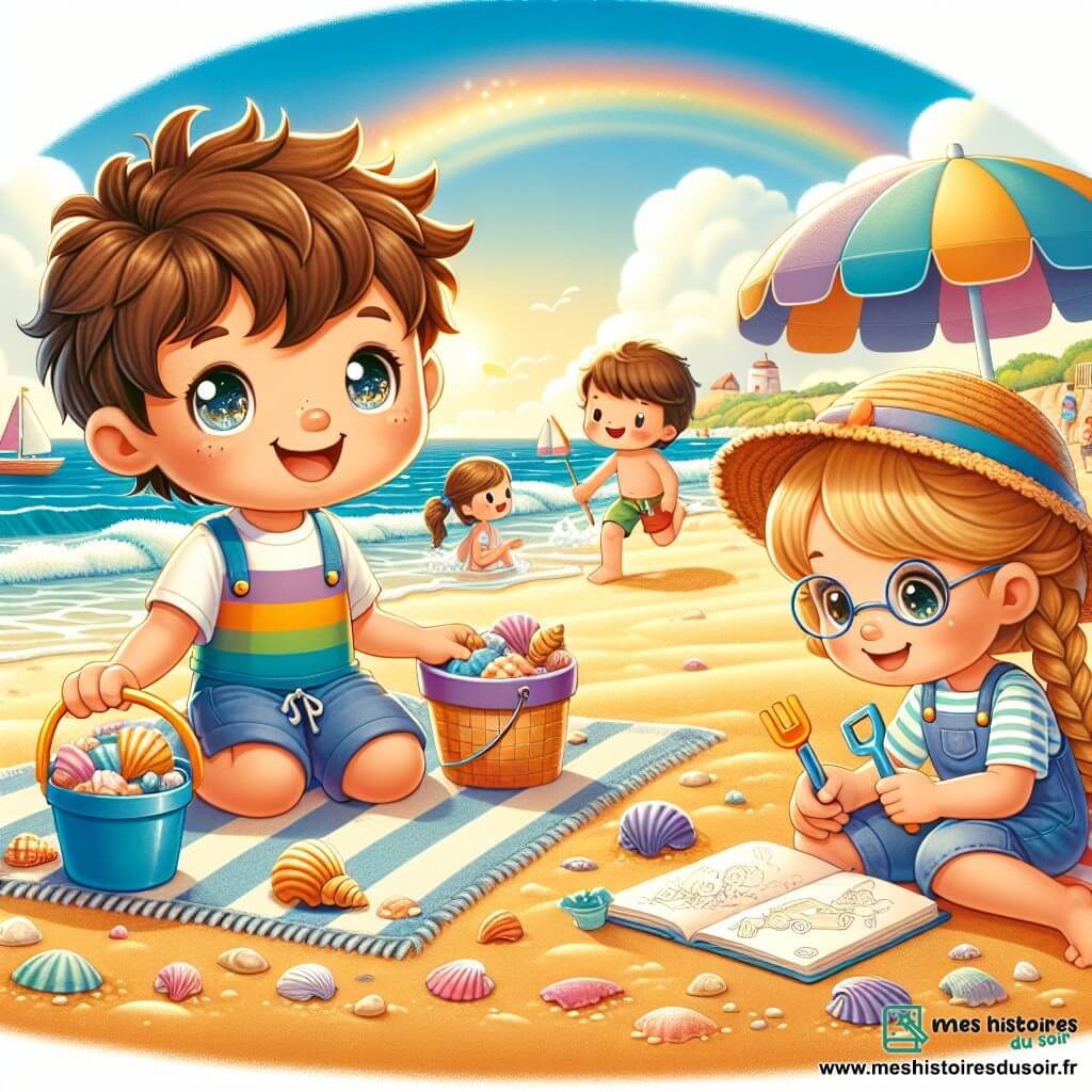 Lucas, un garçon de 10 ans aux cheveux châtains en bataille et aux yeux joyeux, est assis sur le sable doré de la plage, souriant. Il porte un maillot de bain bleu et un t-shirt coloré, tenant un seau de coquillages et une pelle, prêt à construire un château de sable. À côté de lui, Emma, une fille de 10 ans avec de longs cheveux blonds tressés et un chapeau de paille, dessine le paysage sur son carnet. Un peu plus loin, Max, un garçon de 10 ans avec des lunettes et des cheveux bruns, ramasse des coquillages, concentré mais souriant. La scène se déroule sur une plage ensoleillée, avec des vagues douces, des parasols colorés et des enfants jouant au loin, illustrant la joie des vacances d'été et l'amitié.