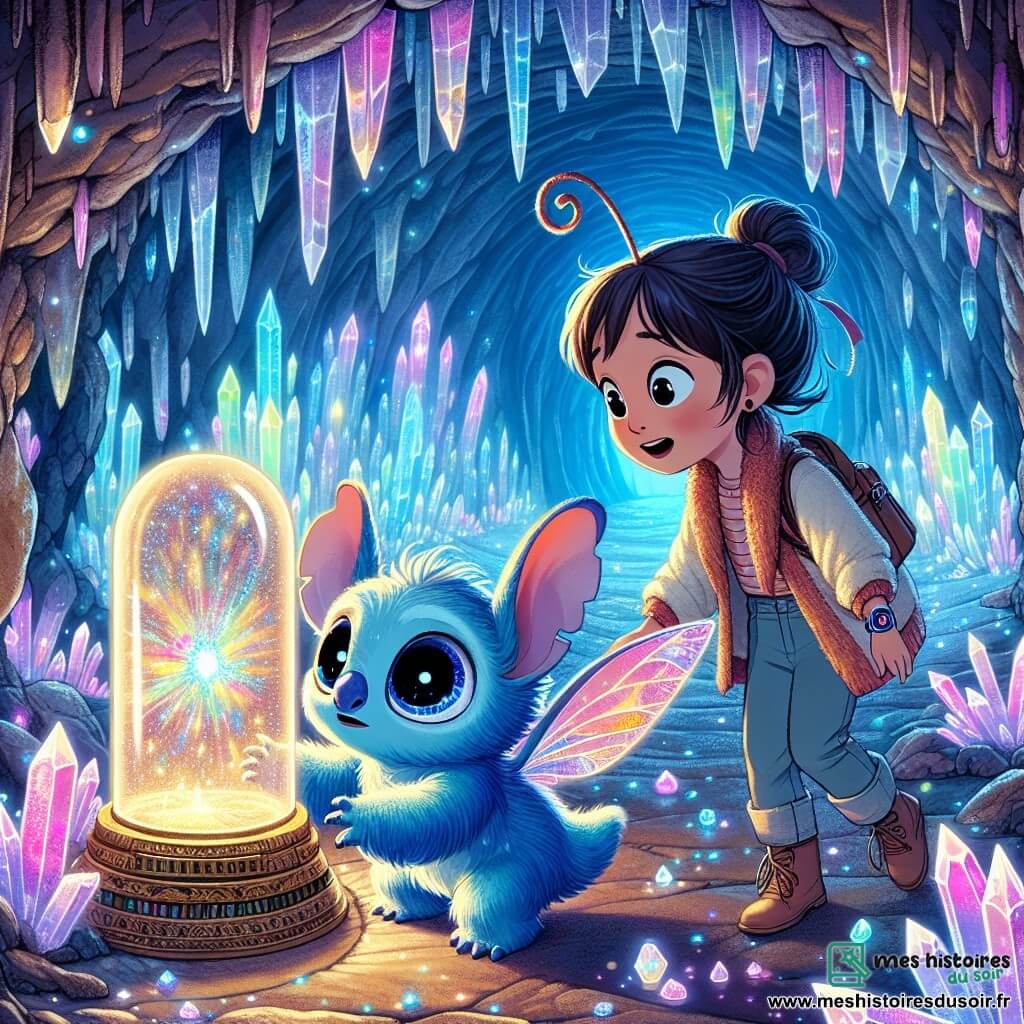 Illustration d'un petit être bleu aux grandes oreilles pointues et aux yeux brillants, curieux, explorant une grotte scintillante avec des murs de cristal reflétant des couleurs vibrantes. À ses côtés, une petite fille à la peau rose et aux antennes virevoltantes, excitée et émerveillée, observe une capsule mystérieuse découverte. La grotte magique, avec ses murs en cristal illuminés par des lumières colorées, crée une atmosphère féerique. Les deux amis découvrent une capsule ancienne émettant une lumière éclatante, prête à les transporter à travers le temps, entourés de cristaux scintillants et d'une lueur violette émanant de l'entrée.